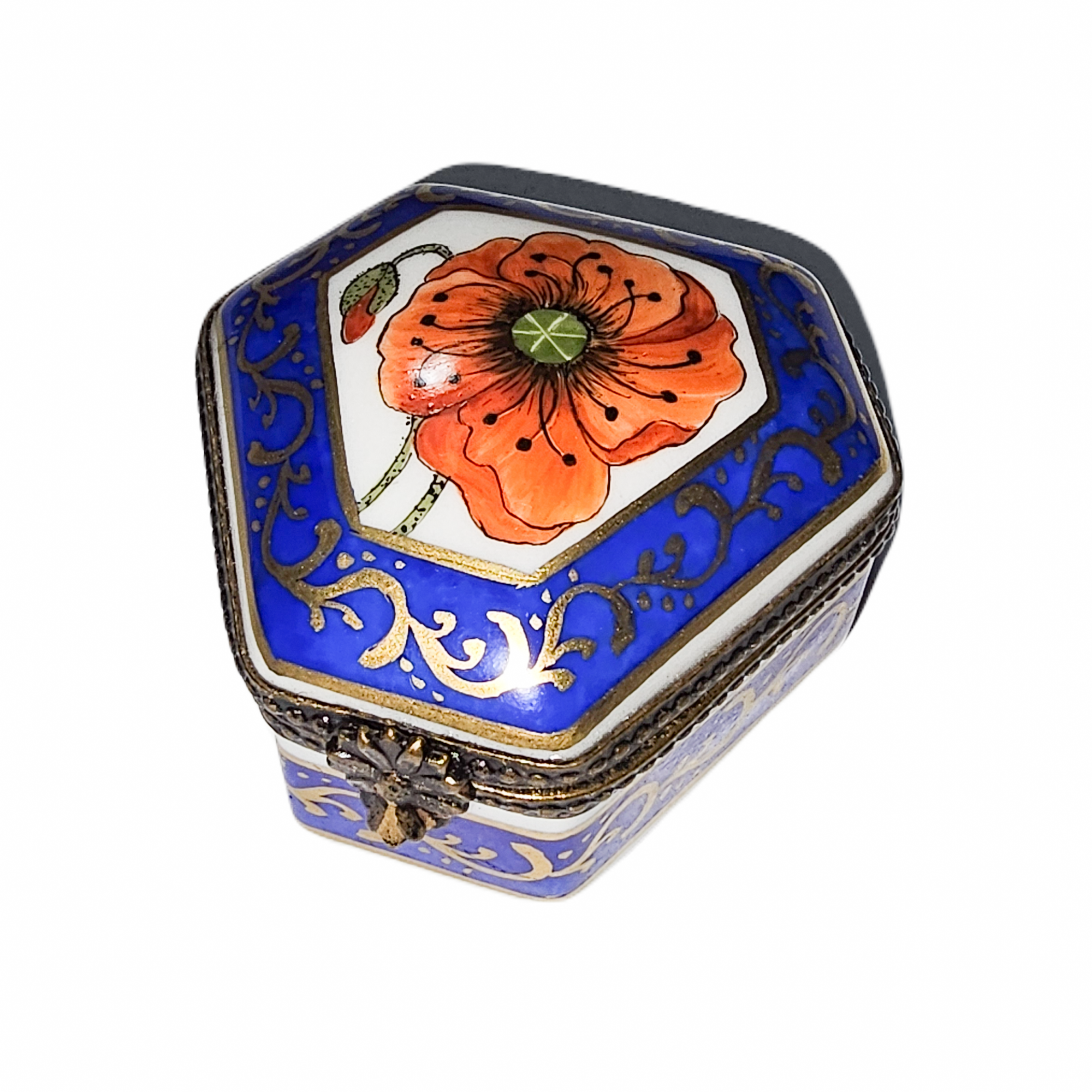 Hexa Blue Orange Flower Box Porcelain Limoges traditional French Trinket Box