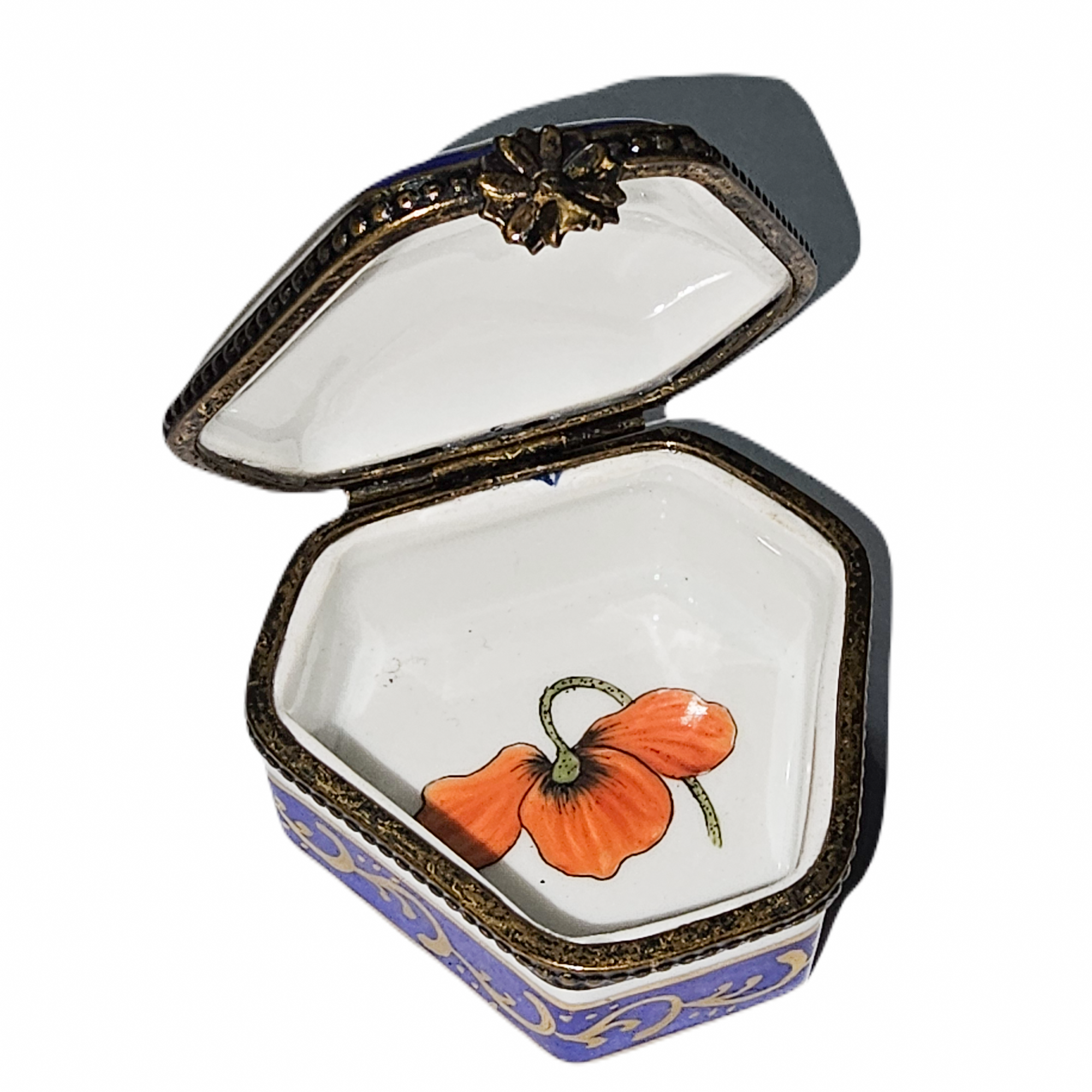 Hexa Blue Orange Flower Box Porcelain Limoges traditional French Trinket Box