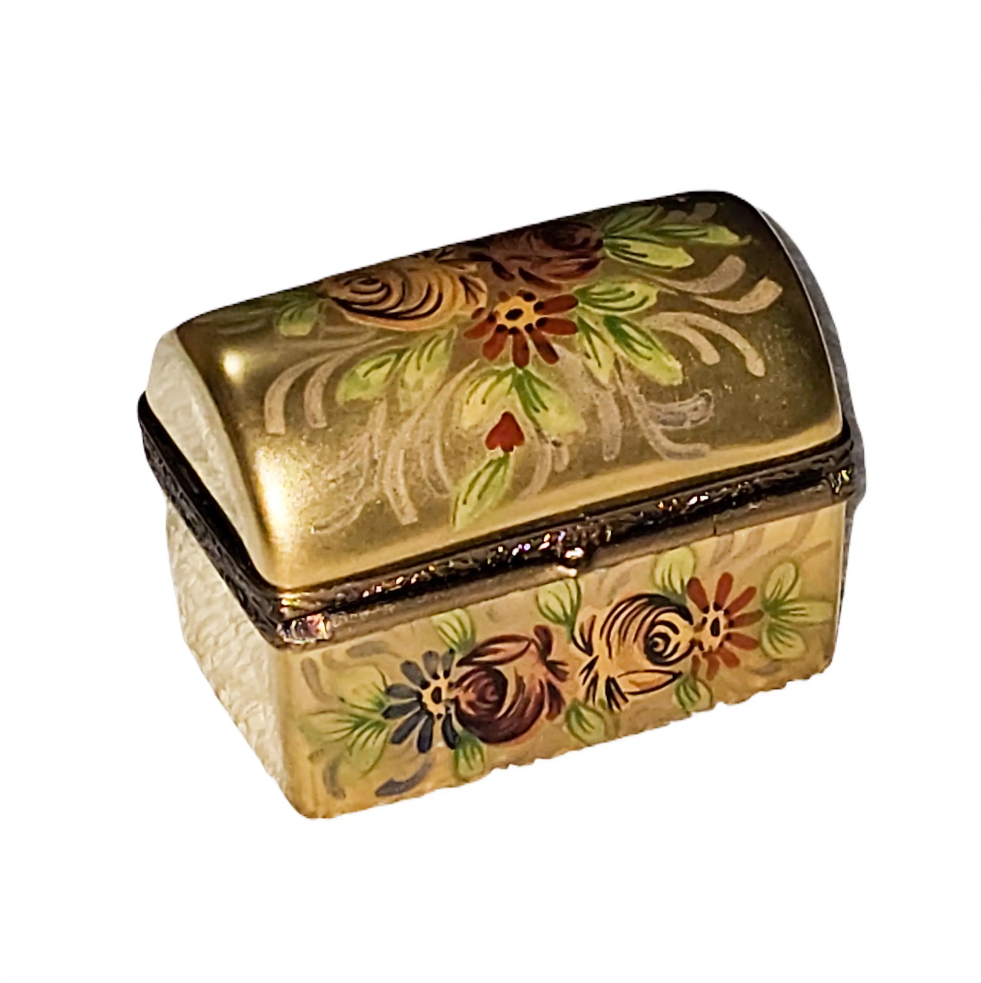 Gold Chest Brown Roses Box Porcelain Limoges traditional French Trinket Box