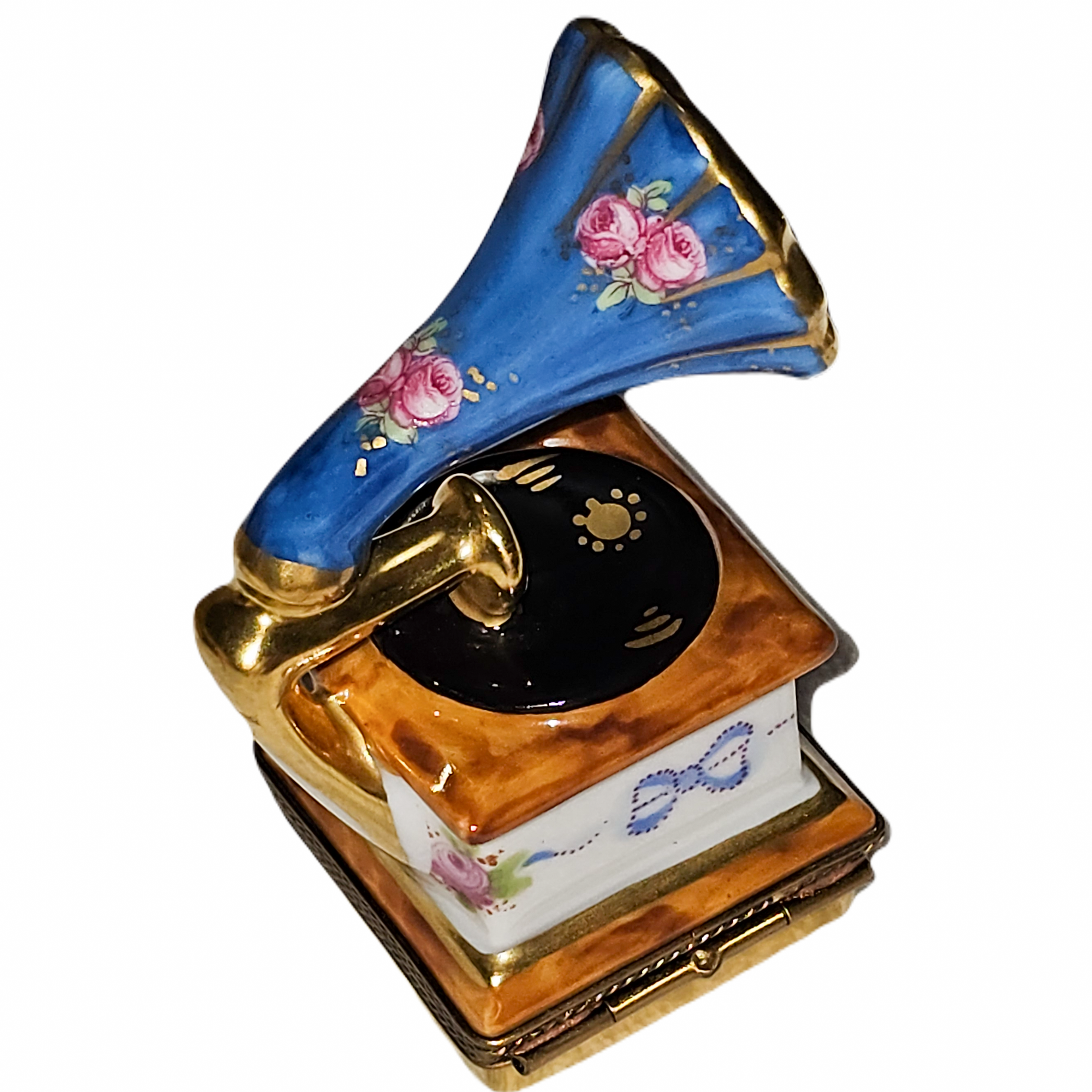 Blue Floral Gramophone Treasure Porcelain Limoges music French Trinket Box