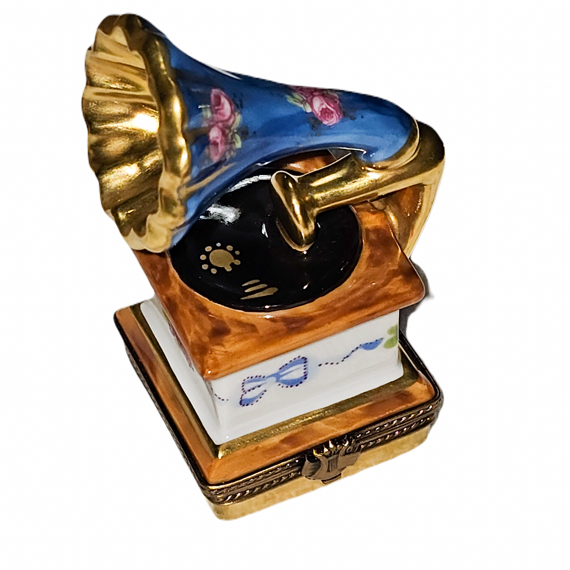 Blue Floral Gramophone Treasure Porcelain Limoges music French Trinket Box