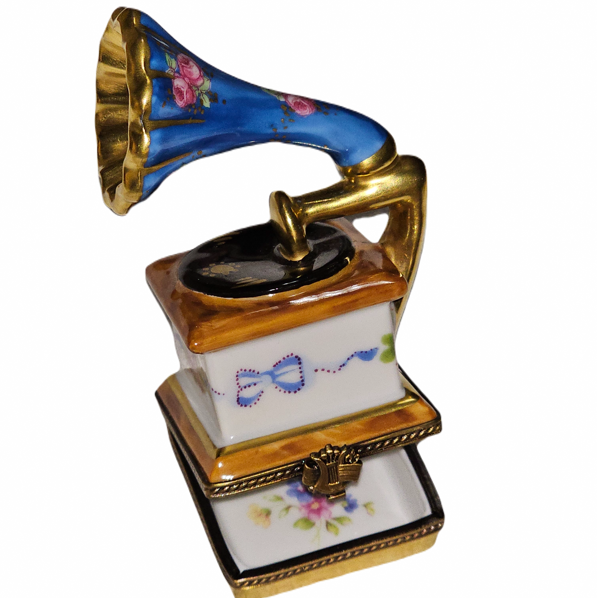 Blue Floral Gramophone Treasure Porcelain Limoges music French Trinket Box