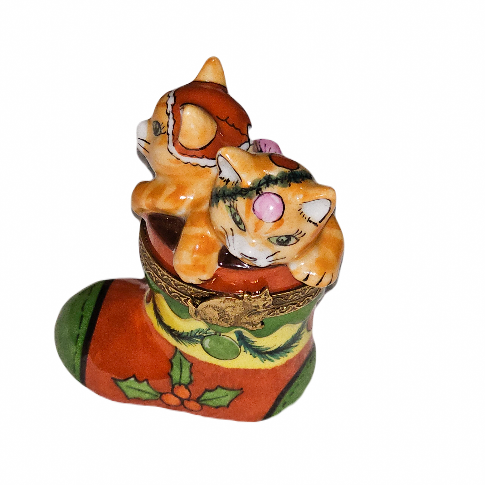 Kittens in Christmas Boot Porcelain Limoges cat christmas French Trinket Box