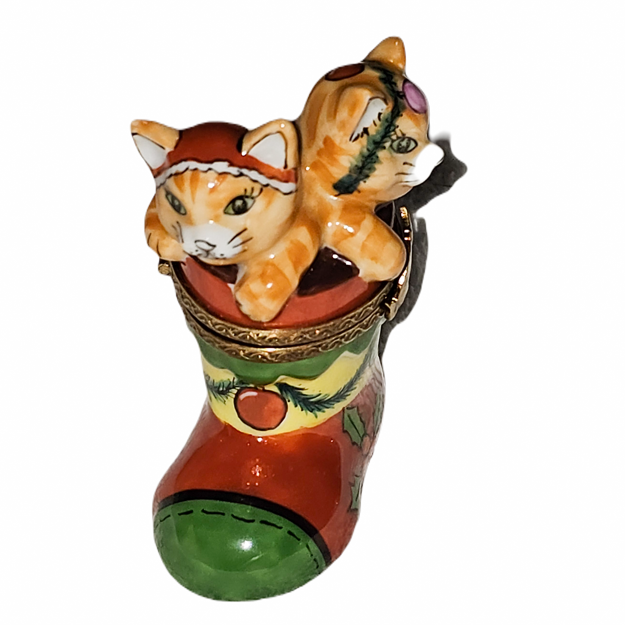 Kittens in Christmas Boot Porcelain Limoges cat christmas French Trinket Box