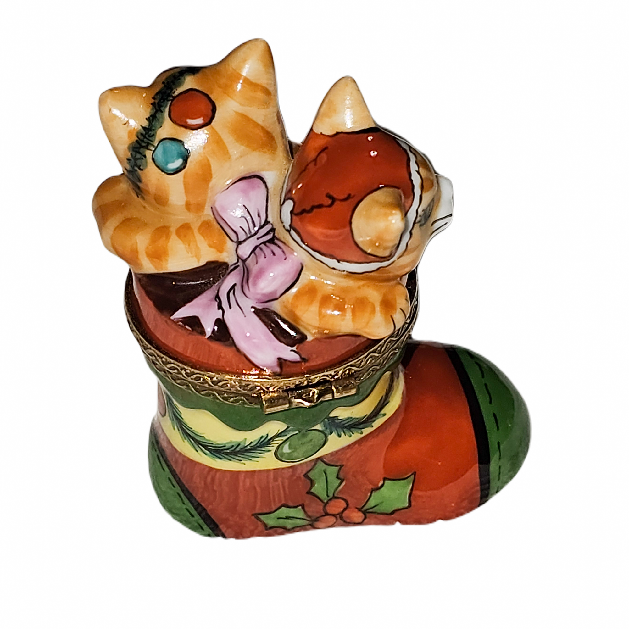 Kittens in Christmas Boot Porcelain Limoges cat christmas French Trinket Box