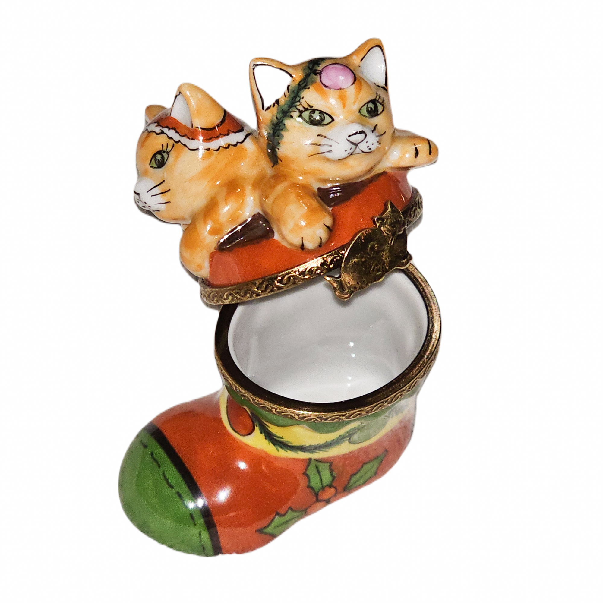 Kittens in Christmas Boot Porcelain Limoges cat christmas French Trinket Box