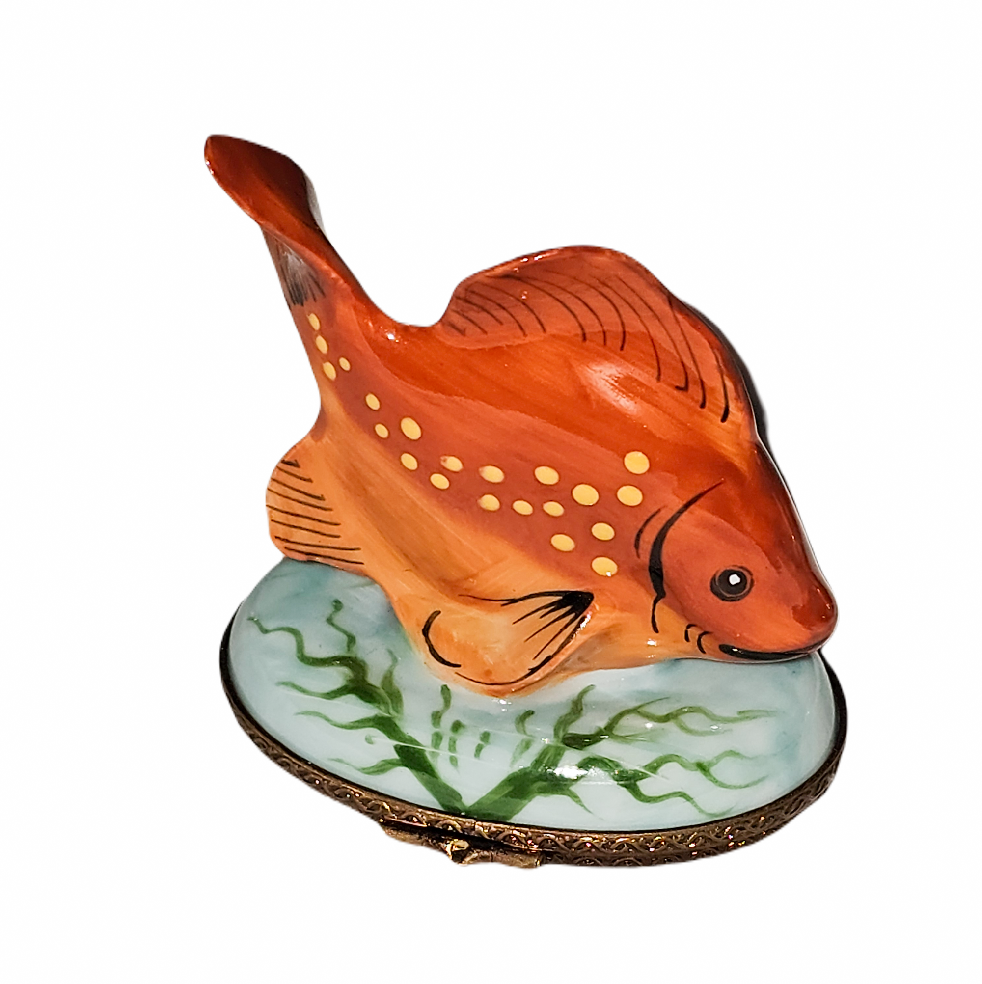 Vibrant Orange Tropical Fish Box Porcelain Limoges fish ocean beach French Trinket Box