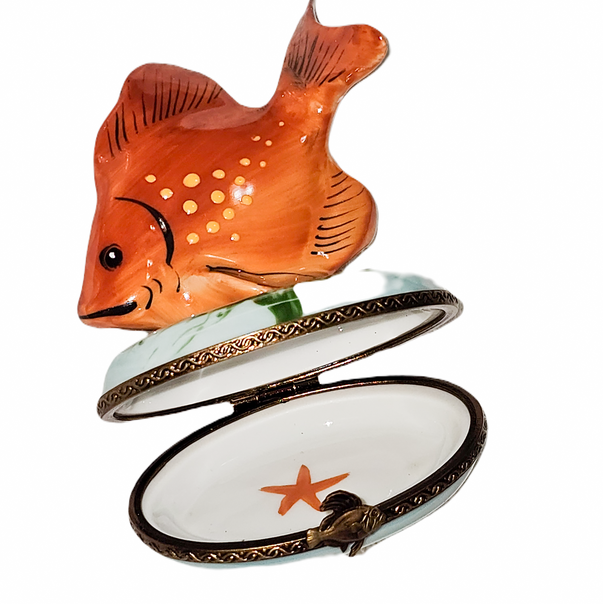 Vibrant Orange Tropical Fish Box Porcelain Limoges fish ocean beach French Trinket Box