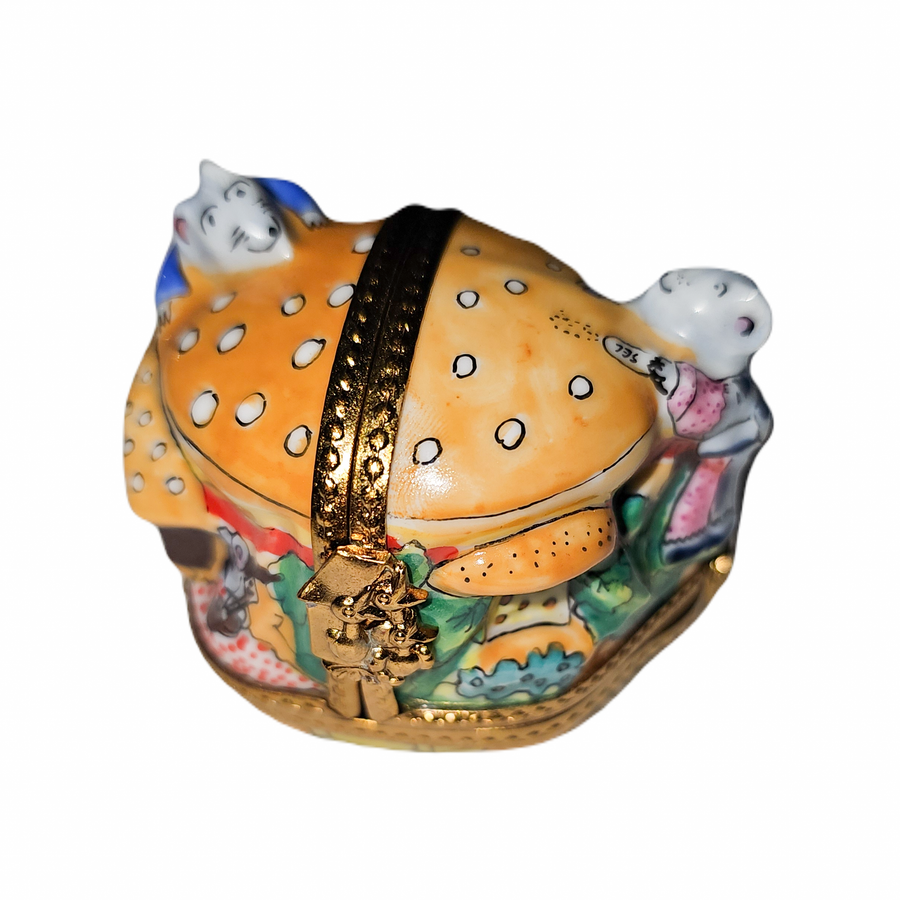 Triple Hinged Mice Cheeseburger Delight Porcelain Limoges Mice food French Trinket Box
