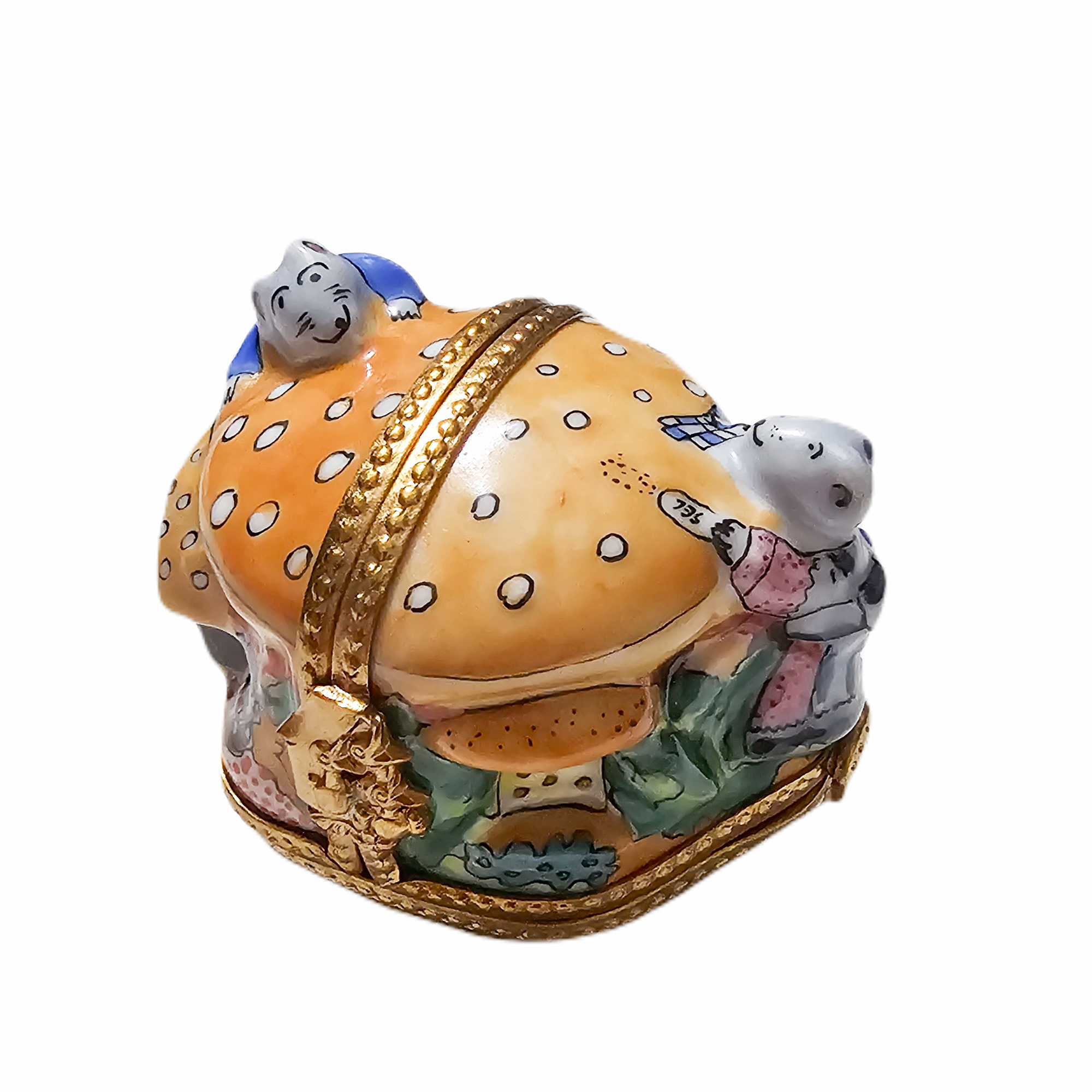 Triple Hinged Mice Cheeseburger Delight Porcelain Limoges Mice food French Trinket Box