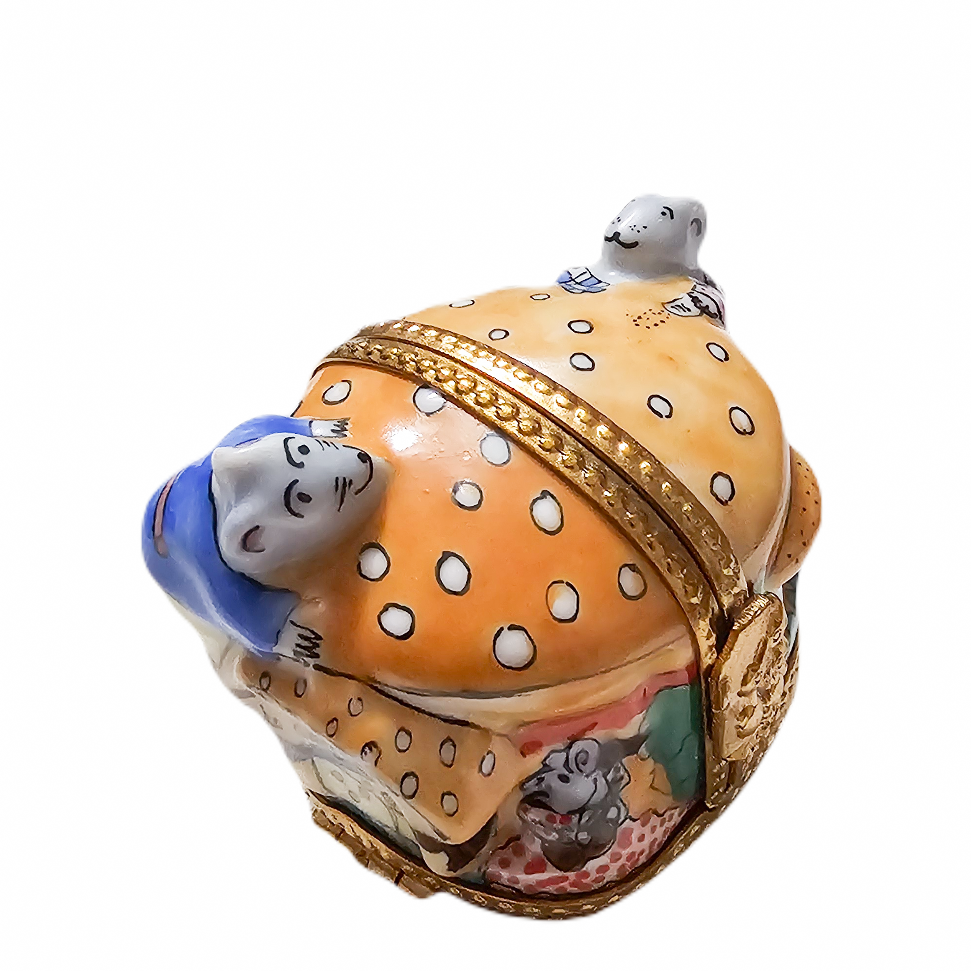 Triple Hinged Mice Cheeseburger Delight Porcelain Limoges Mice food French Trinket Box