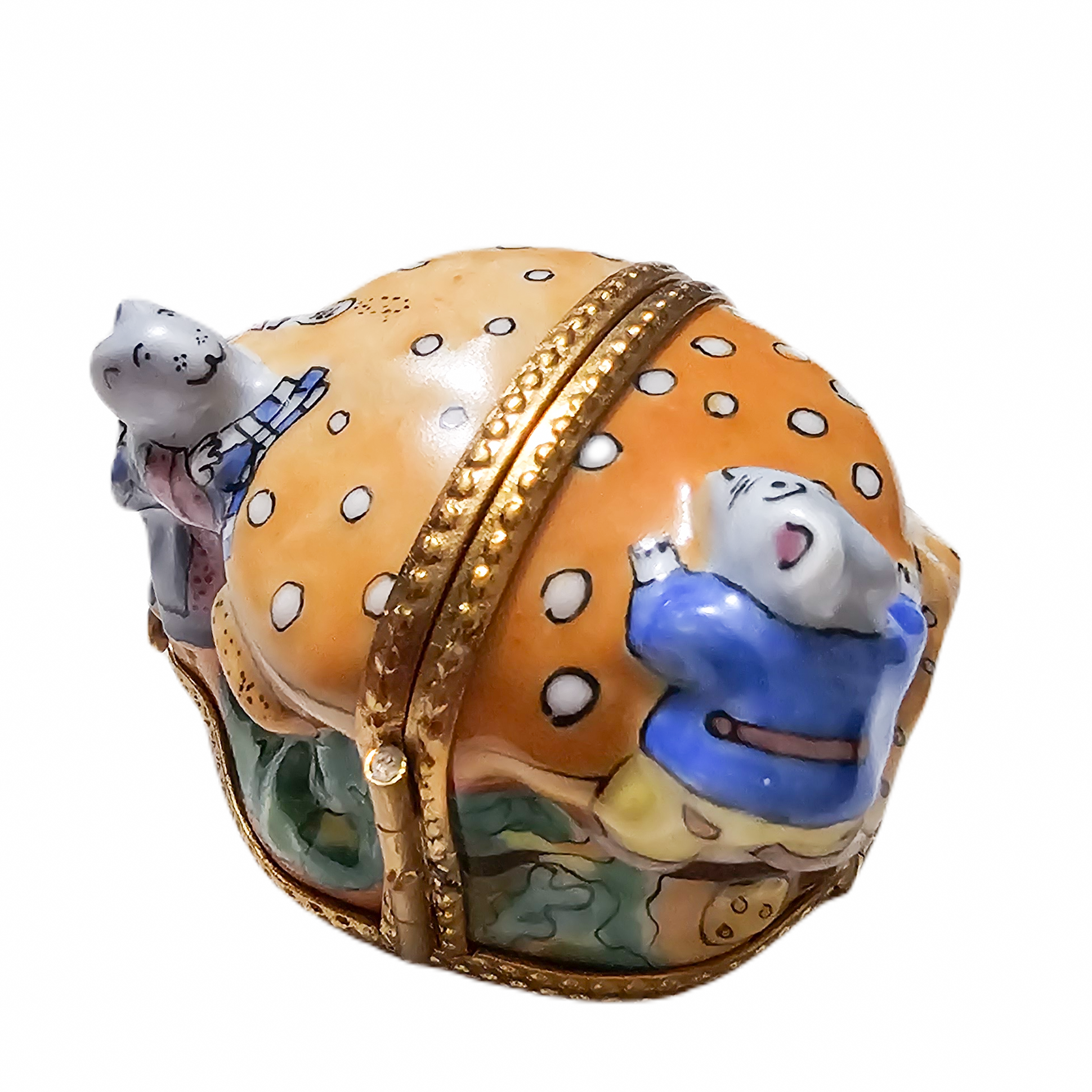 Triple Hinged Mice Cheeseburger Delight Porcelain Limoges Mice food French Trinket Box
