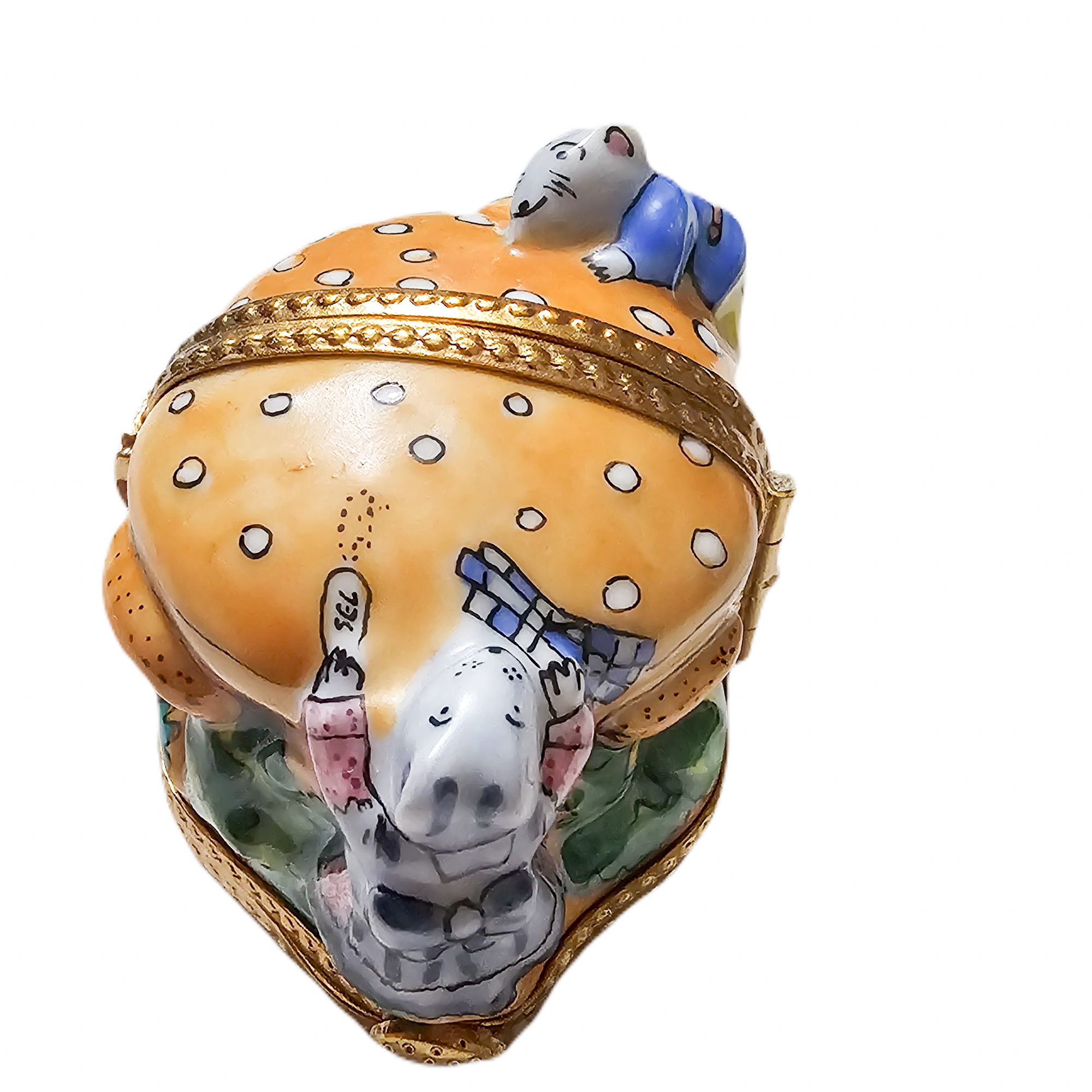 Triple Hinged Mice Cheeseburger Delight Porcelain Limoges Mice food French Trinket Box