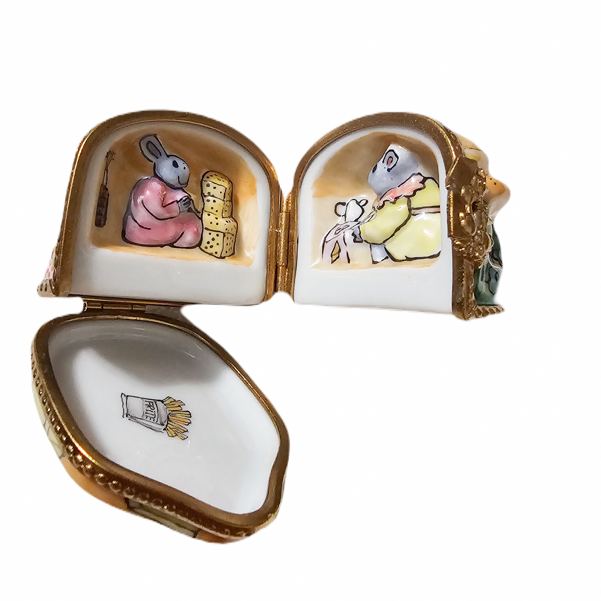 Triple Hinged Mice Cheeseburger Delight Porcelain Limoges Mice food French Trinket Box