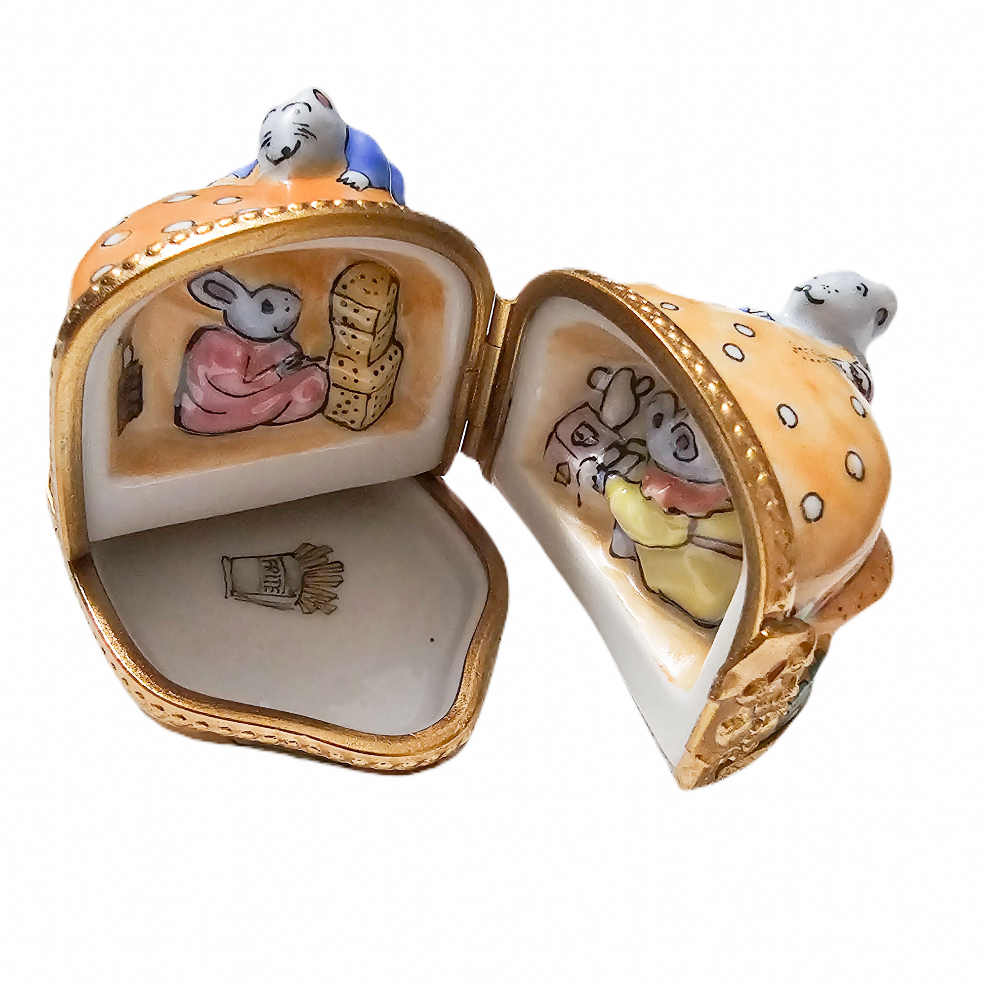Triple Hinged Mice Cheeseburger Delight Porcelain Limoges Mice food French Trinket Box