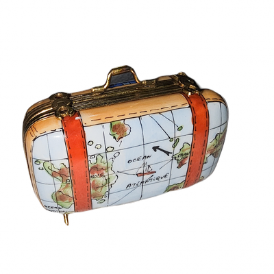 World Map Adventure Suitcase Porcelain Limoges travel bag French Trinket Box