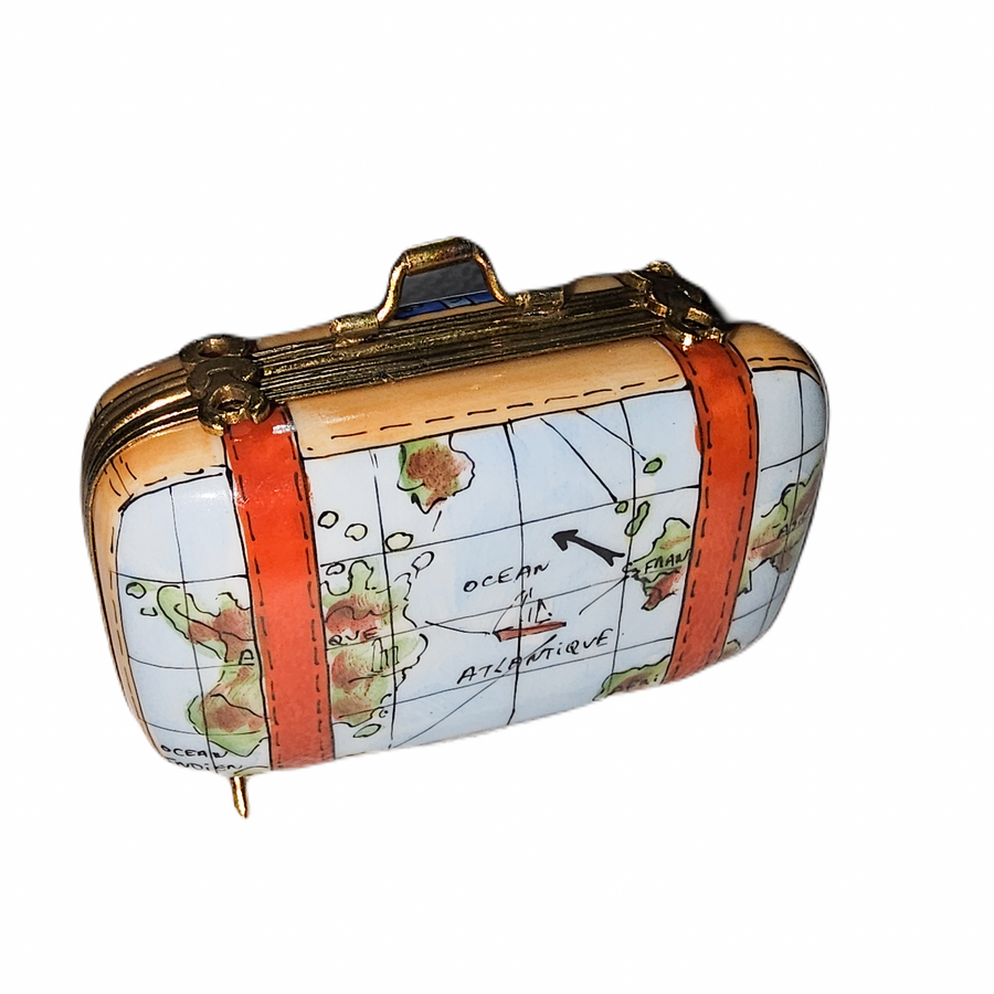 World Map Adventure Suitcase Porcelain Limoges travel bag French Trinket Box