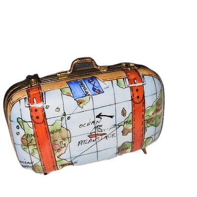 World Map Adventure Suitcase Porcelain Limoges travel bag French Trinket Box