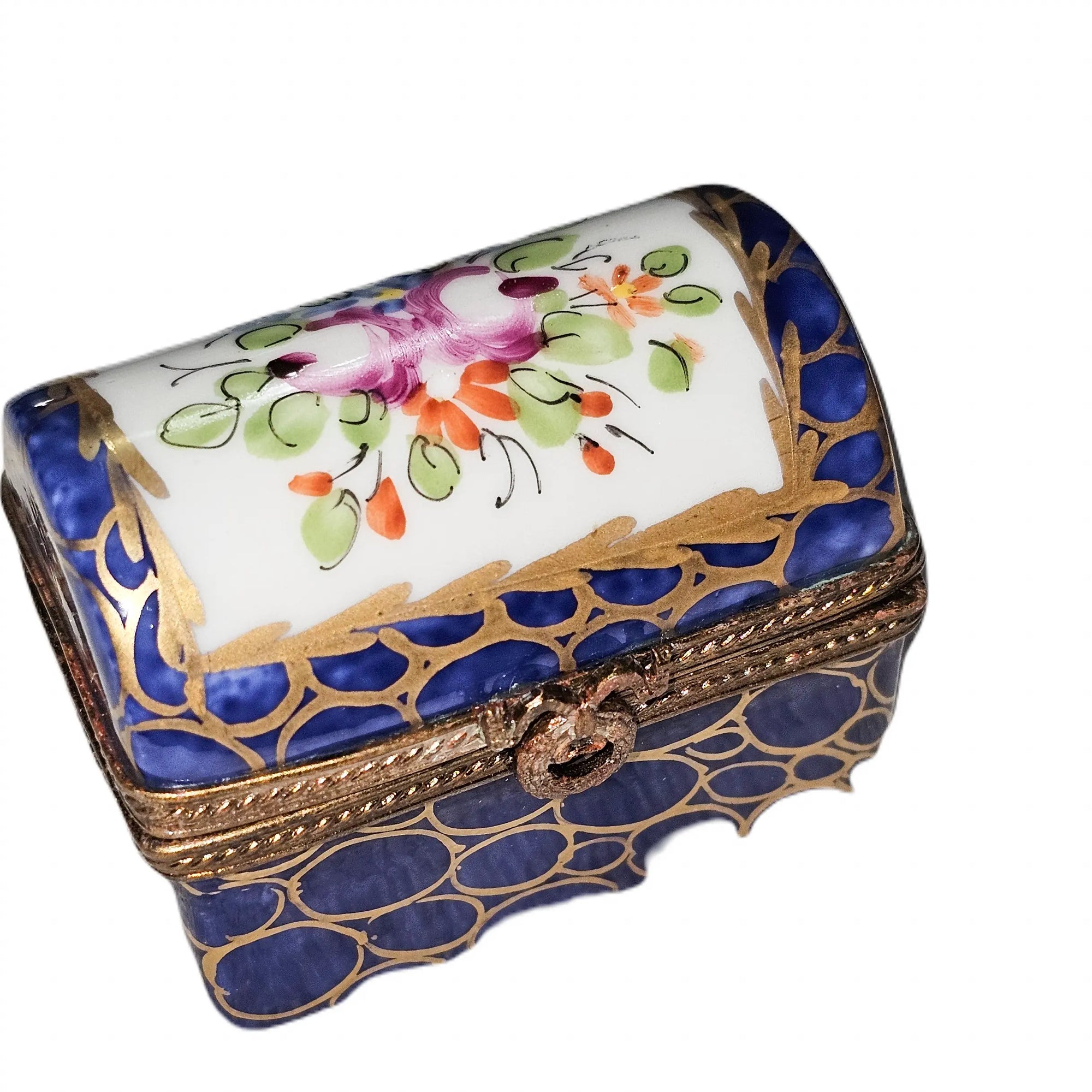 Dark Blue Floral Limoges Box Porcelain Limoges traditional French Trinket Box