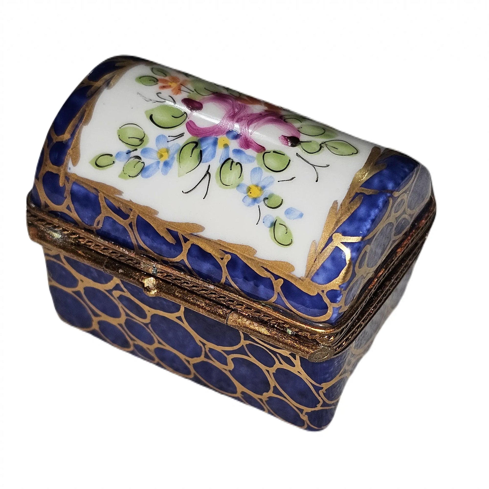 Dark Blue Floral Limoges Box Porcelain Limoges traditional French Trinket Box