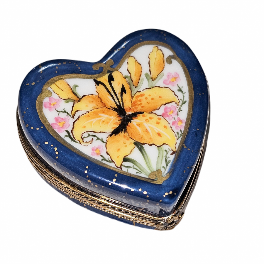 Orchid Elegance on Blue Heart Porcelain Limoges Heart French Trinket Box