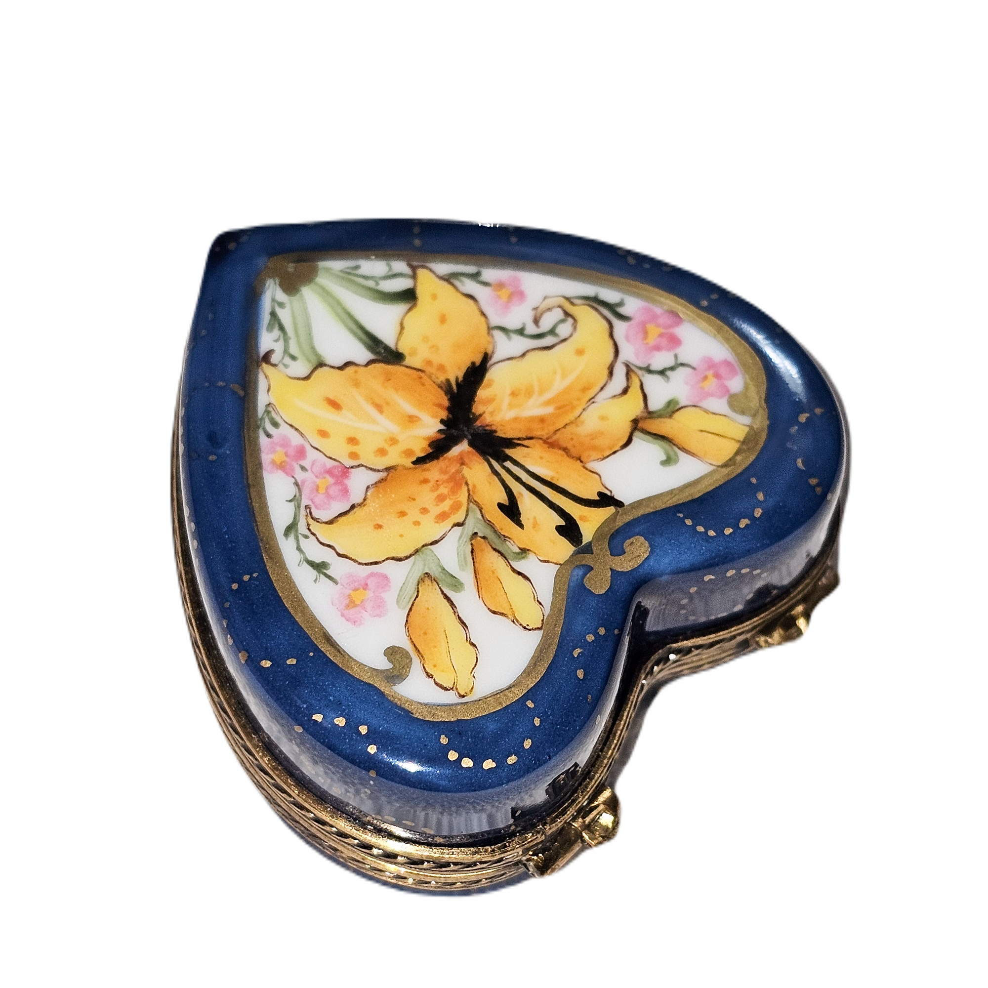 Orchid Elegance on Blue Heart Porcelain Limoges Heart French Trinket Box