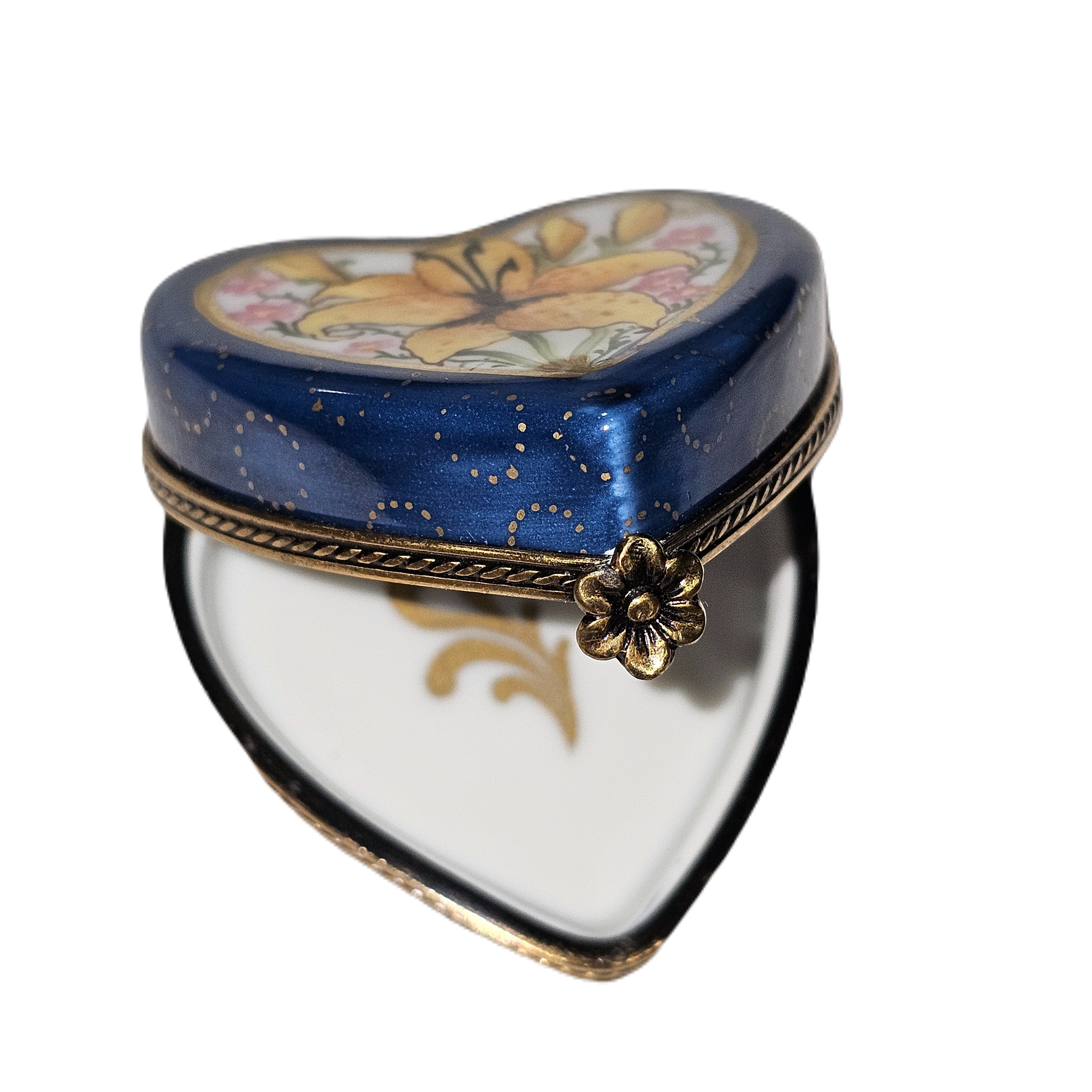 Orchid Elegance on Blue Heart Porcelain Limoges Heart French Trinket Box