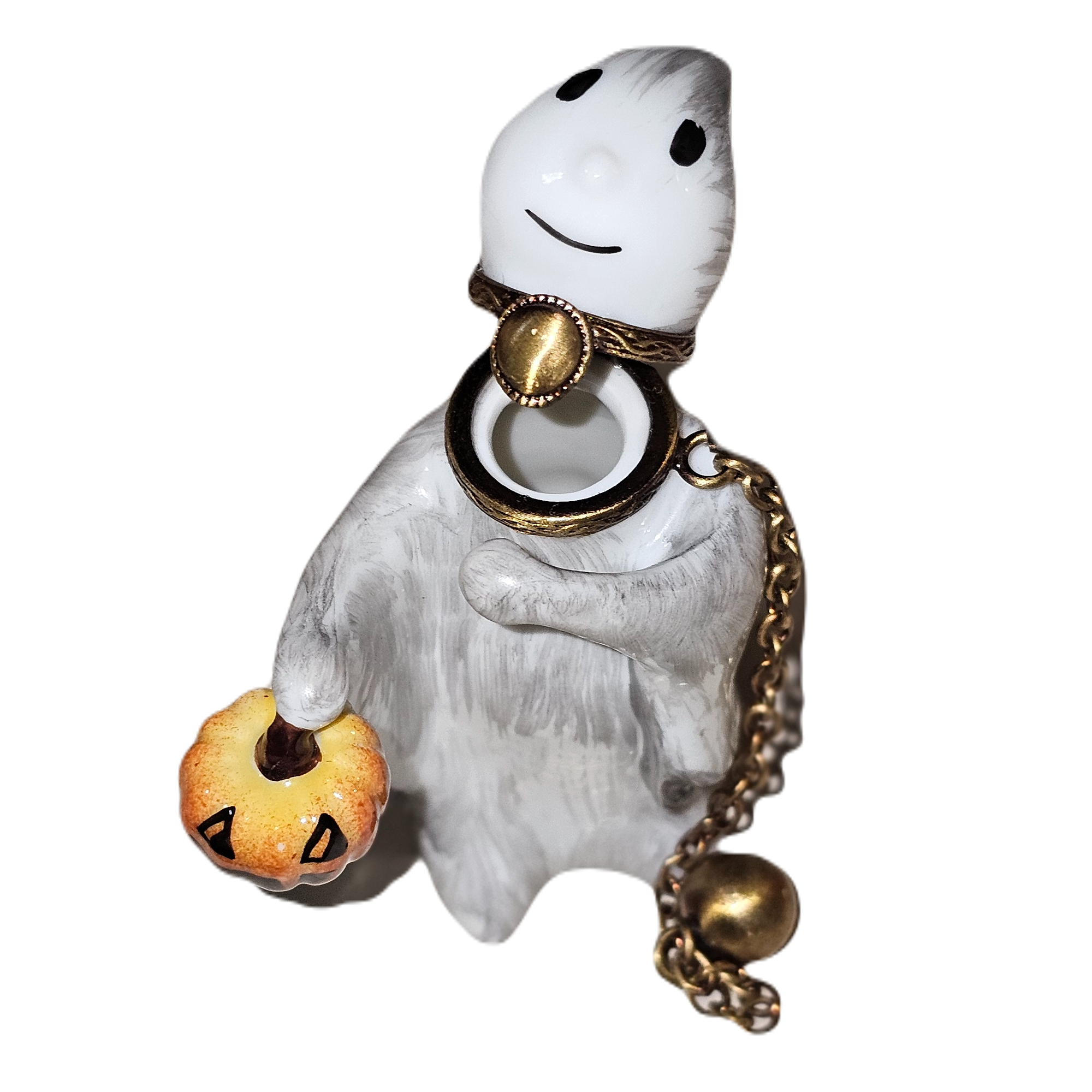 Whimsical Ghost with Jack O Lantern Porcelain Limoges halloween French Trinket Box