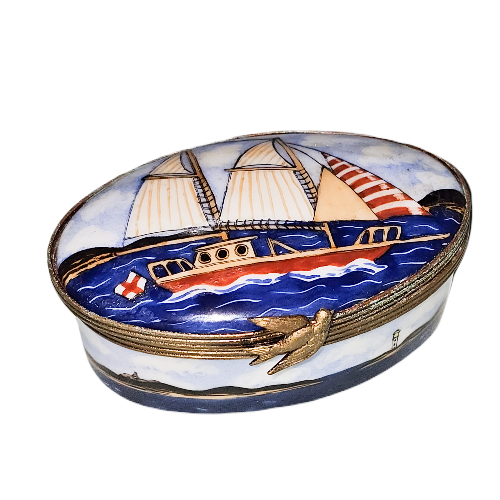 Sailboat on Oval for Nautical Limoges box painted by hand in Limoges, France, a gift to treasure