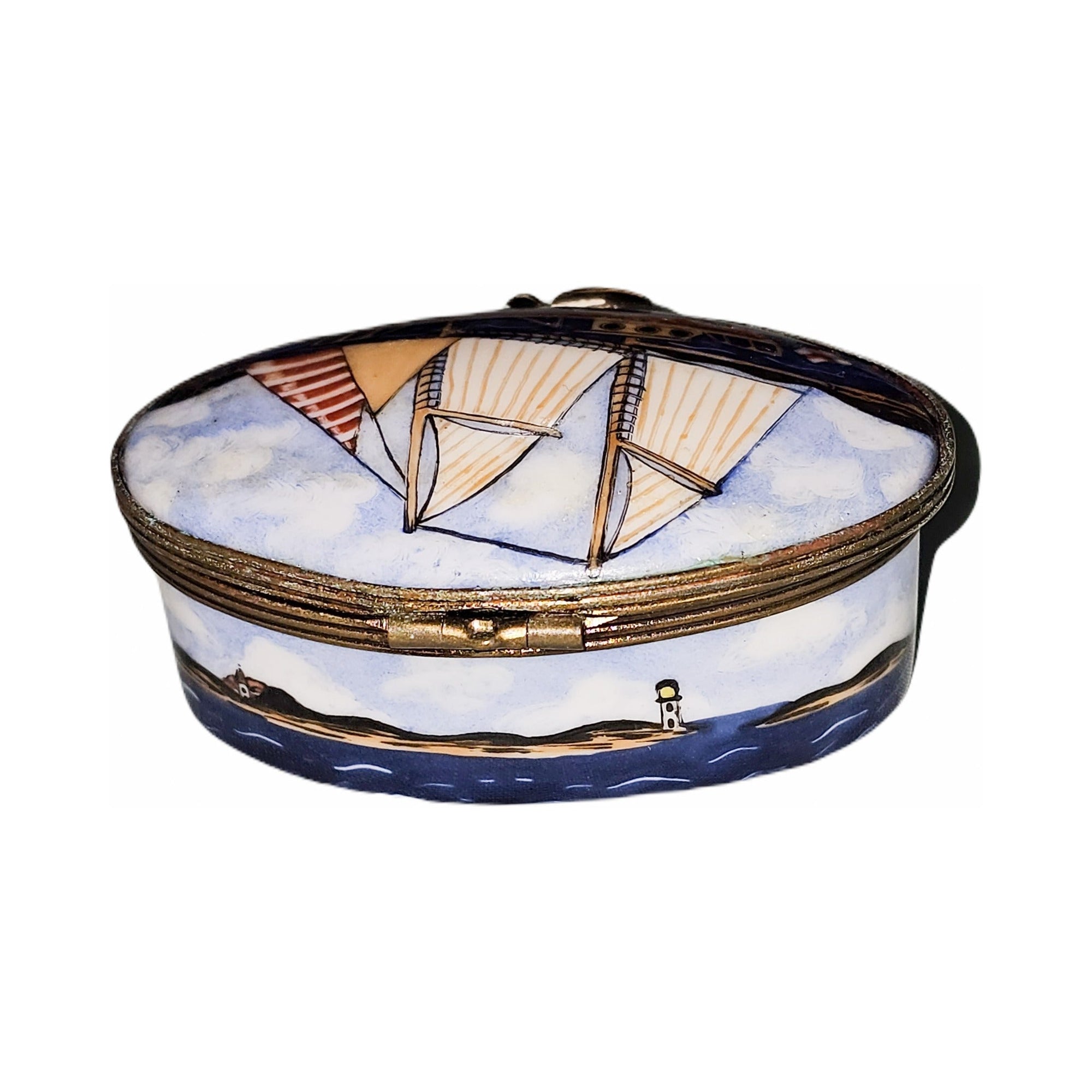 Collectible Sailboat on Oval for Nautical Limoges box with artisan brushwork