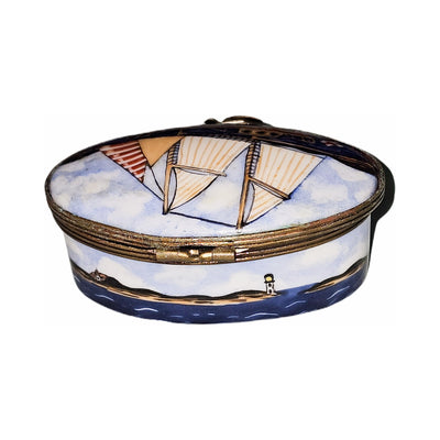 Collectible Sailboat on Oval for Nautical Limoges box with artisan brushwork