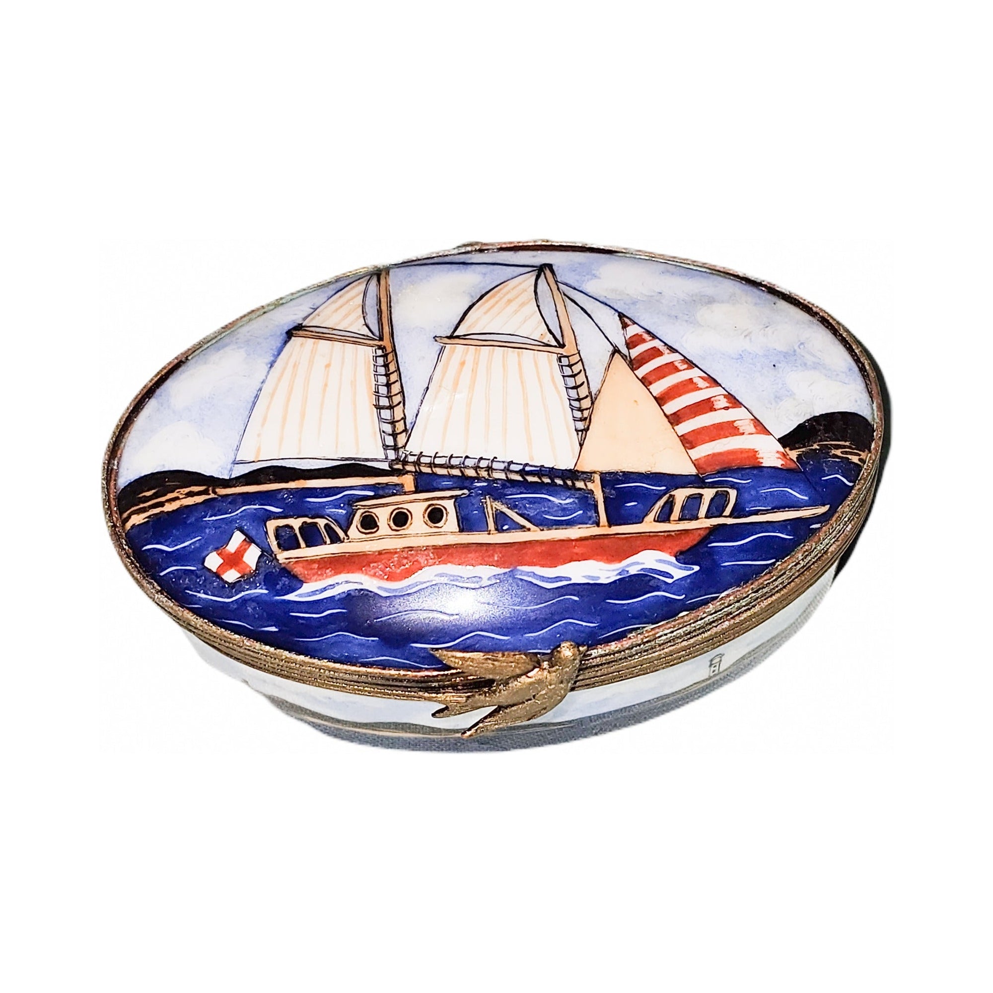 Authentic Sailboat on Oval for Nautical Limoges box, hand-painted in France, from Limoges Boutique