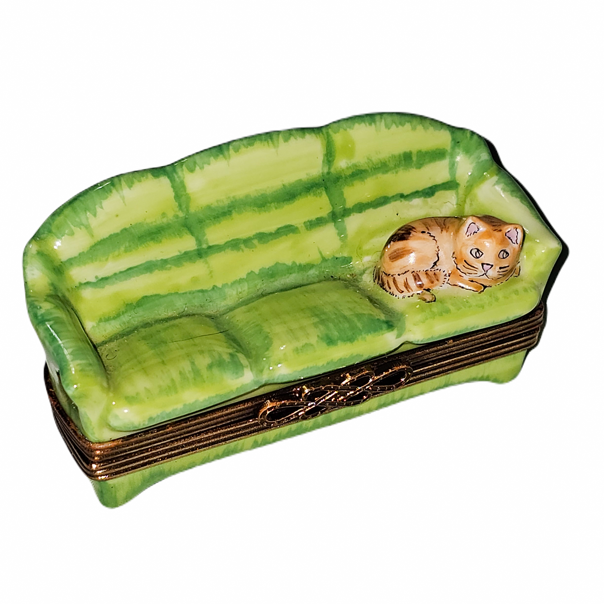 Cat on Vibrant Green Couch Porcelain Limoges Cat French Trinket Box