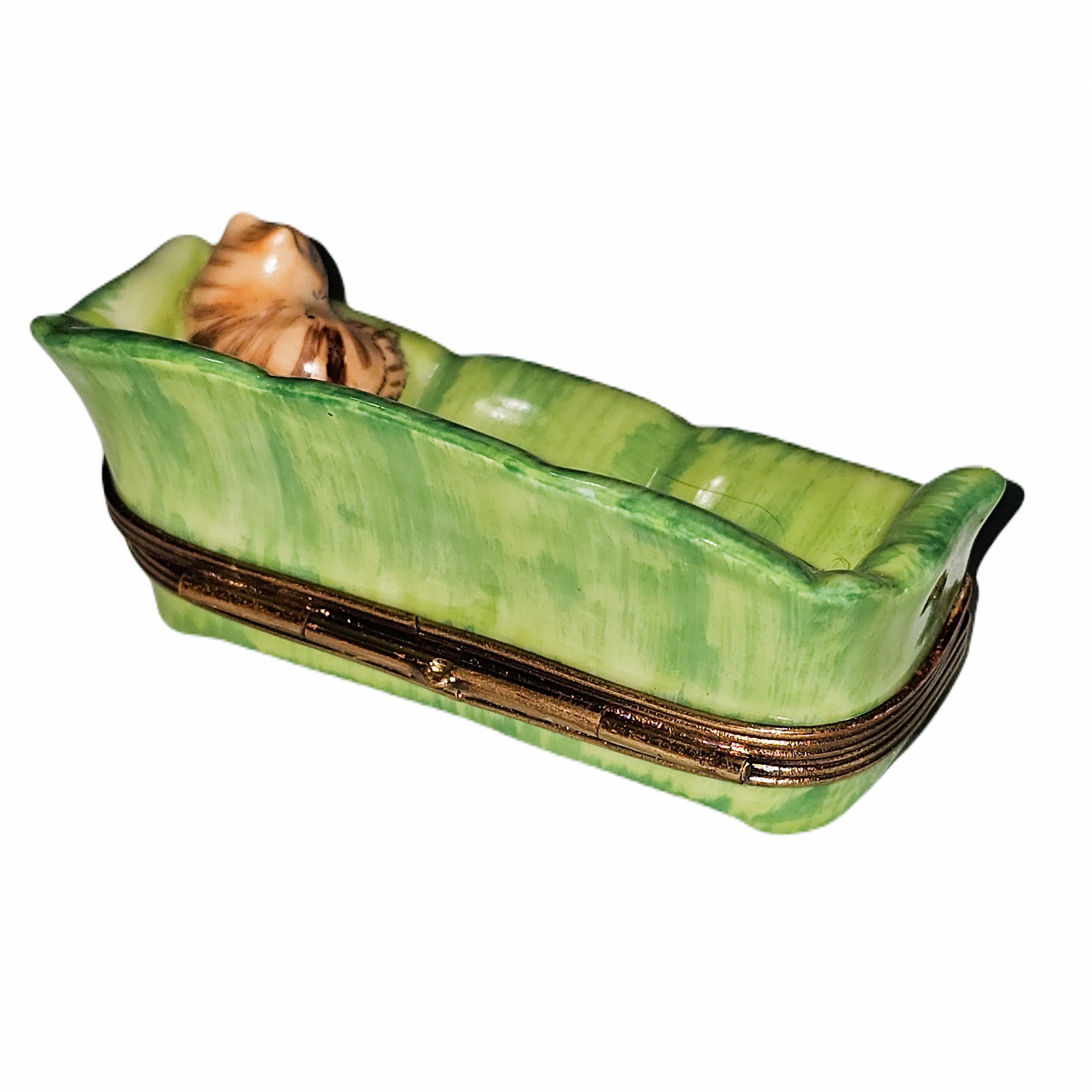 Cat on Vibrant Green Couch Porcelain Limoges Cat French Trinket Box