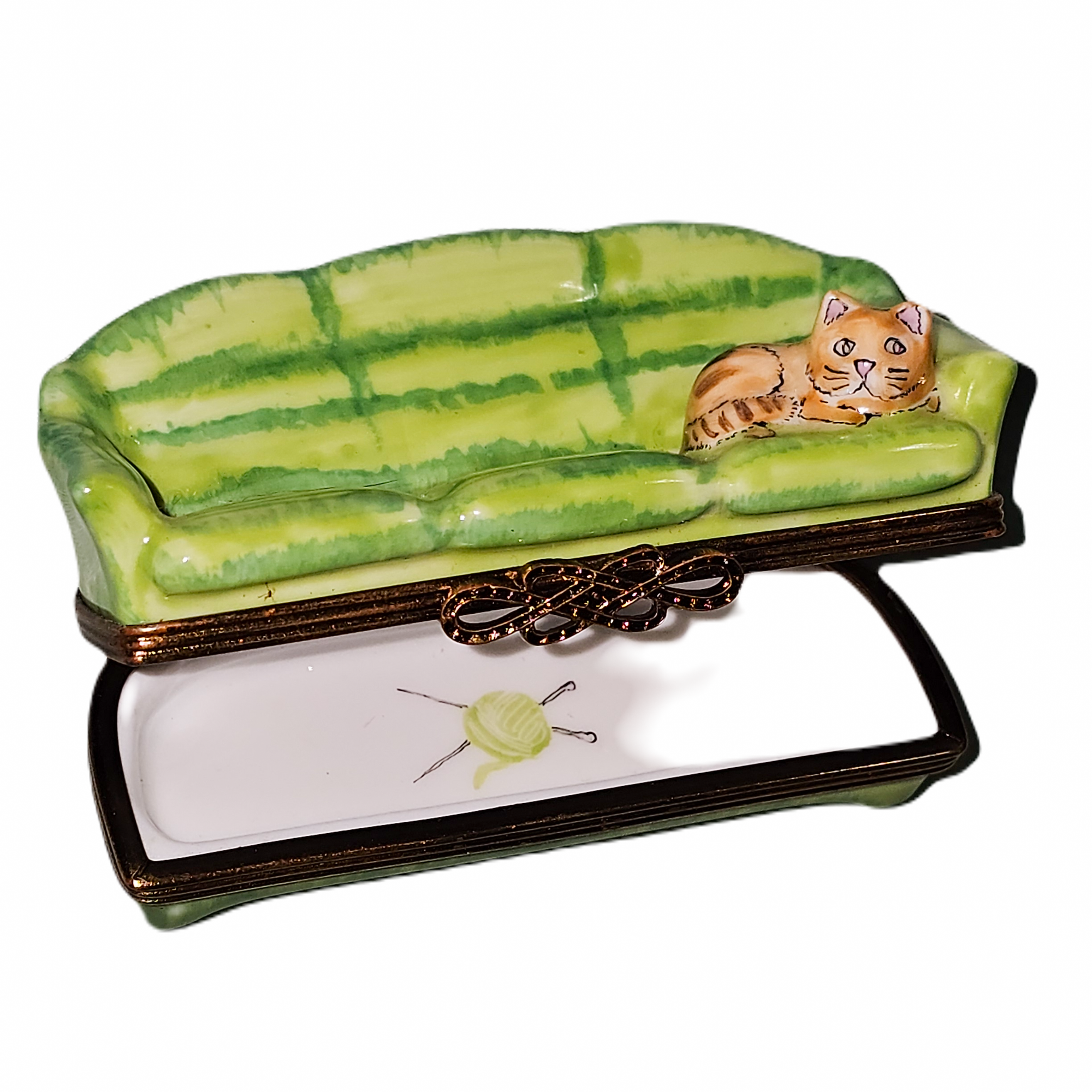 Cat on Vibrant Green Couch Porcelain Limoges Cat French Trinket Box