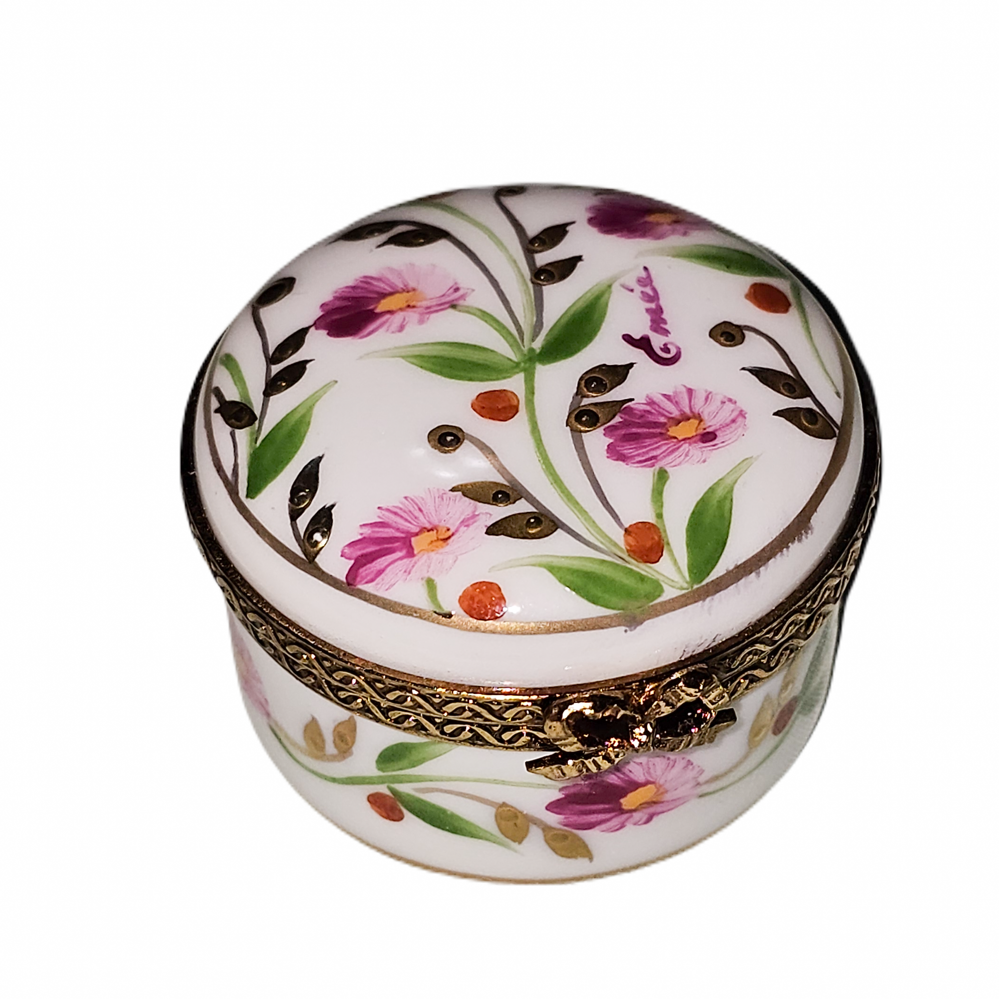 Round Pink Floral Limoges Box Porcelain Limoges traditional French Trinket Box