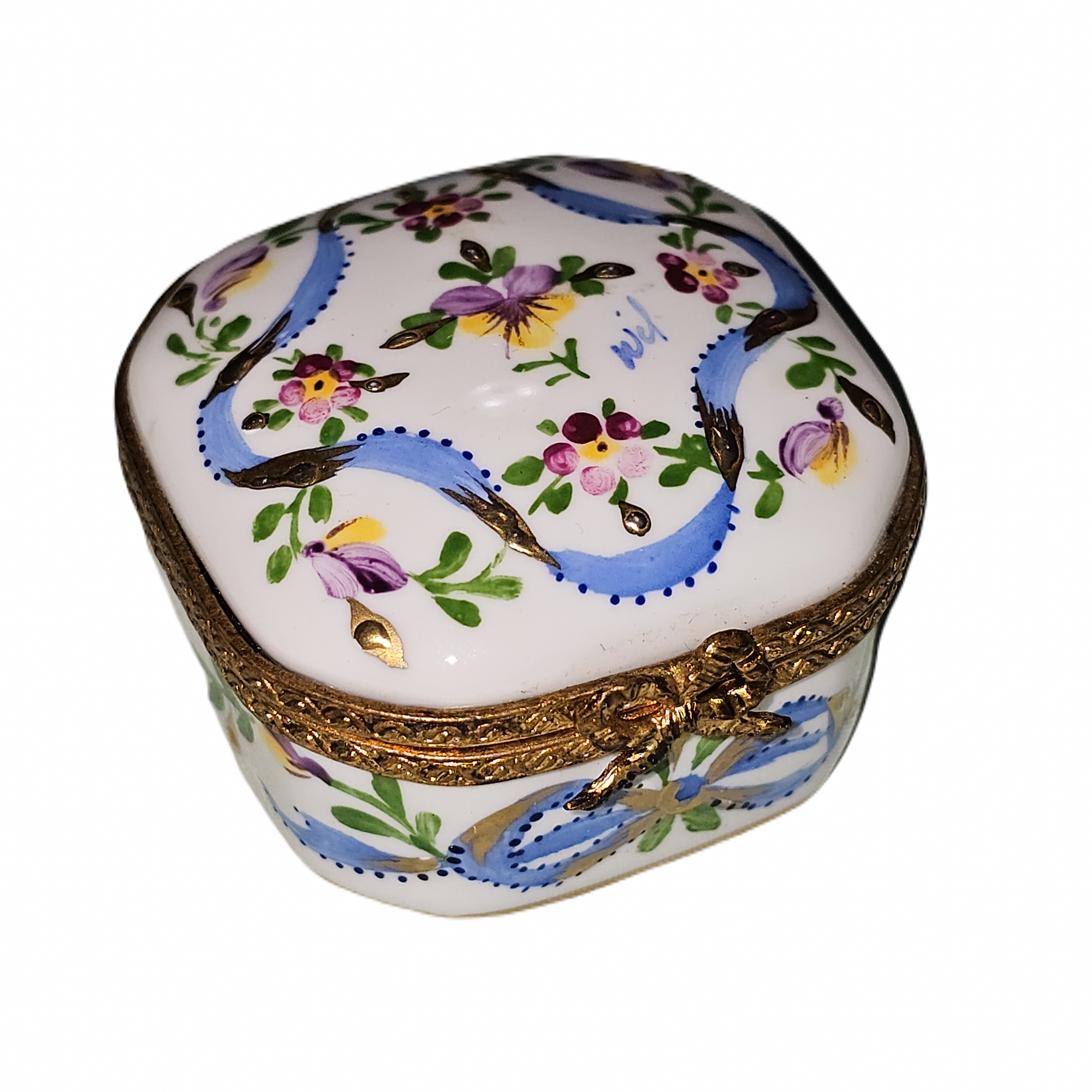 Blue Ribbon Floral Elegance Box Porcelain Limoges traditional French Trinket Box