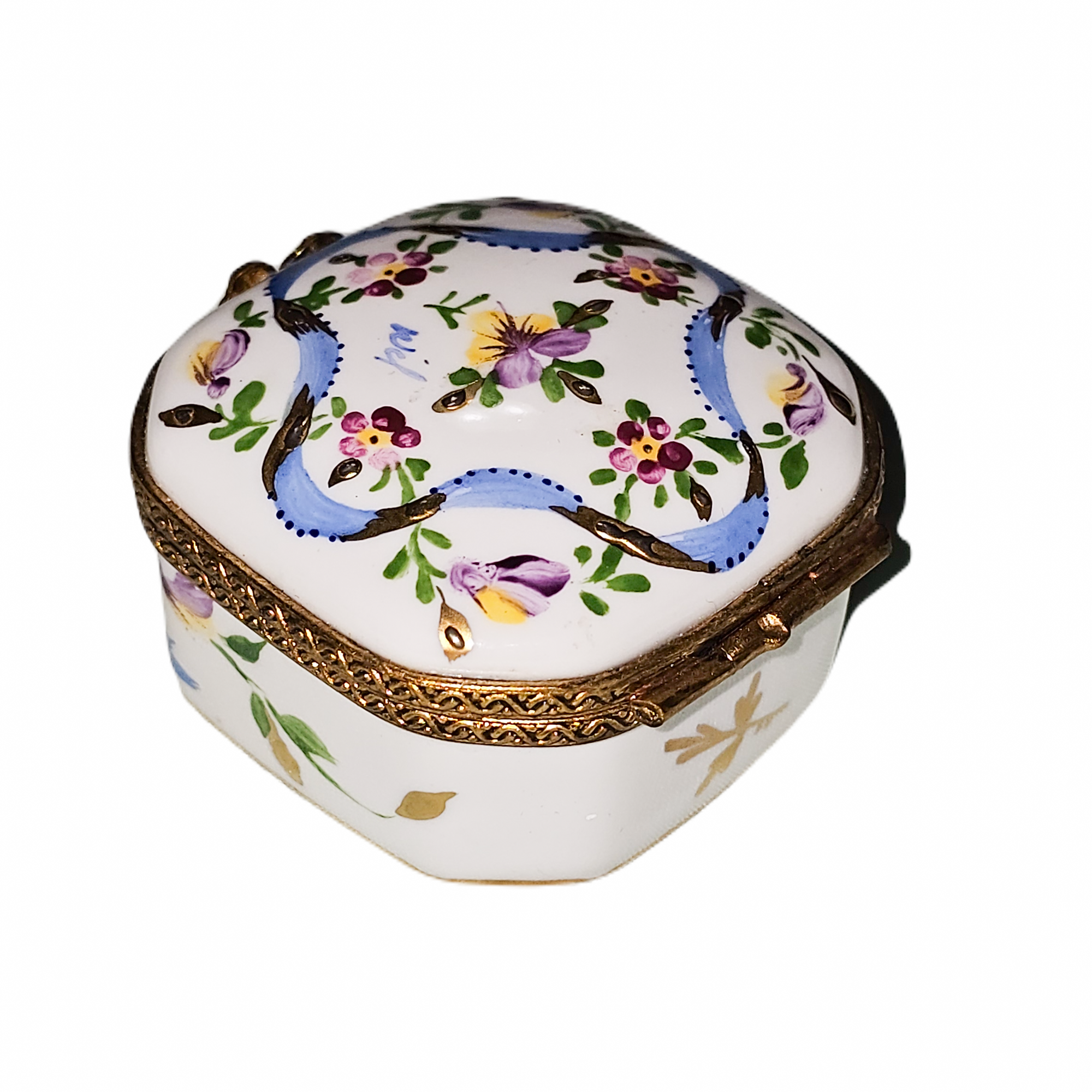Blue Ribbon Floral Elegance Box Porcelain Limoges traditional French Trinket Box