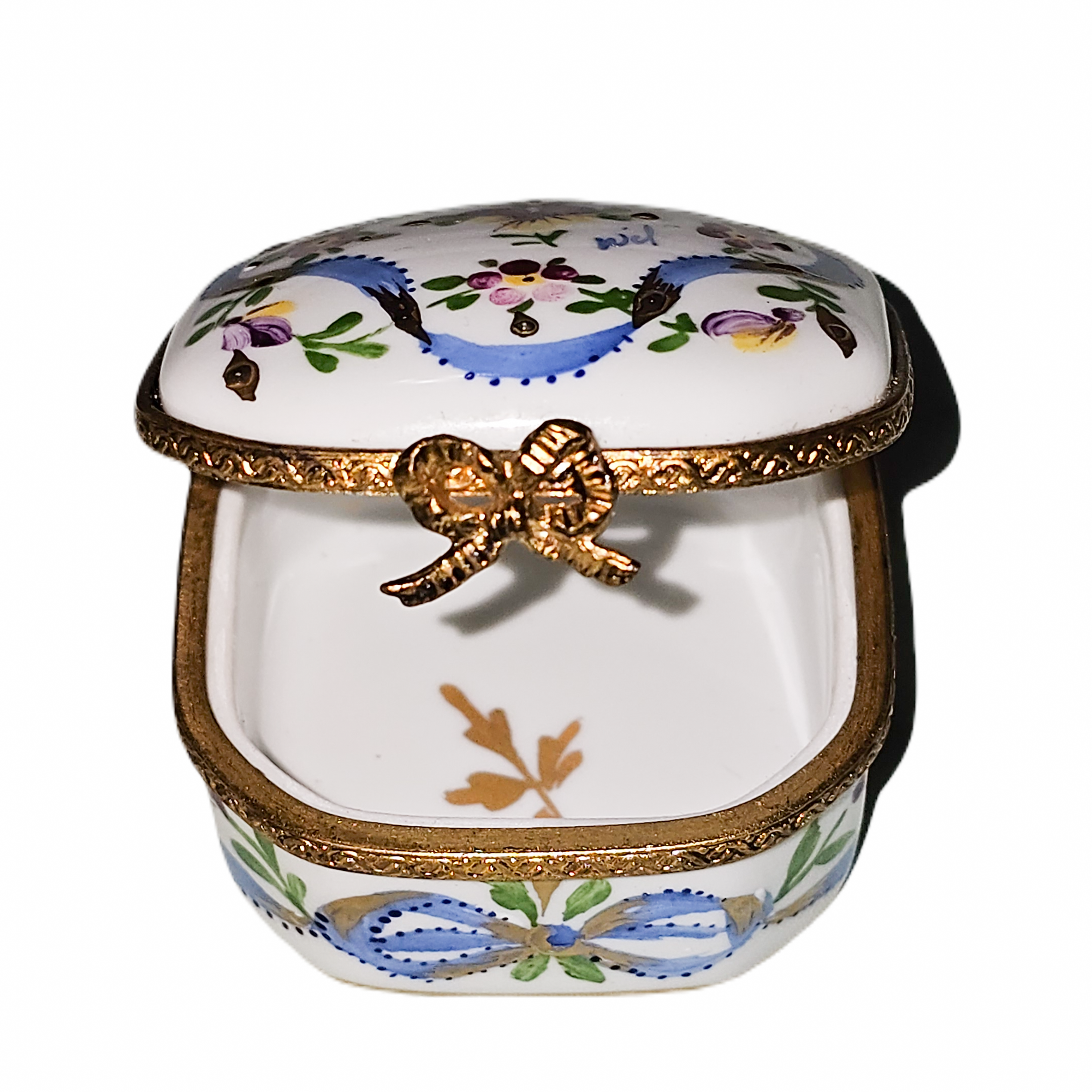 Blue Ribbon Floral Elegance Box Porcelain Limoges traditional French Trinket Box