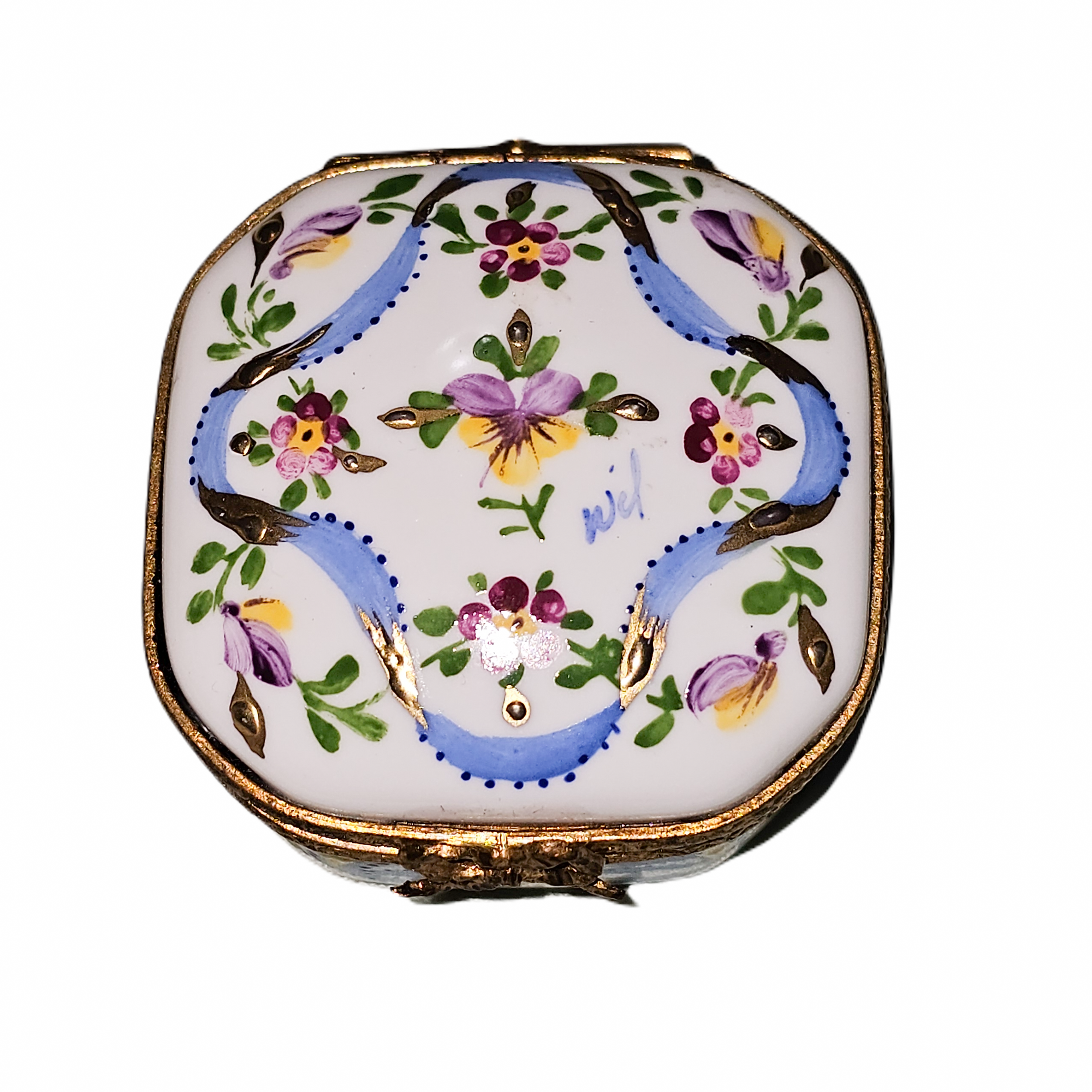 Blue Ribbon Floral Elegance Box Porcelain Limoges traditional French Trinket Box
