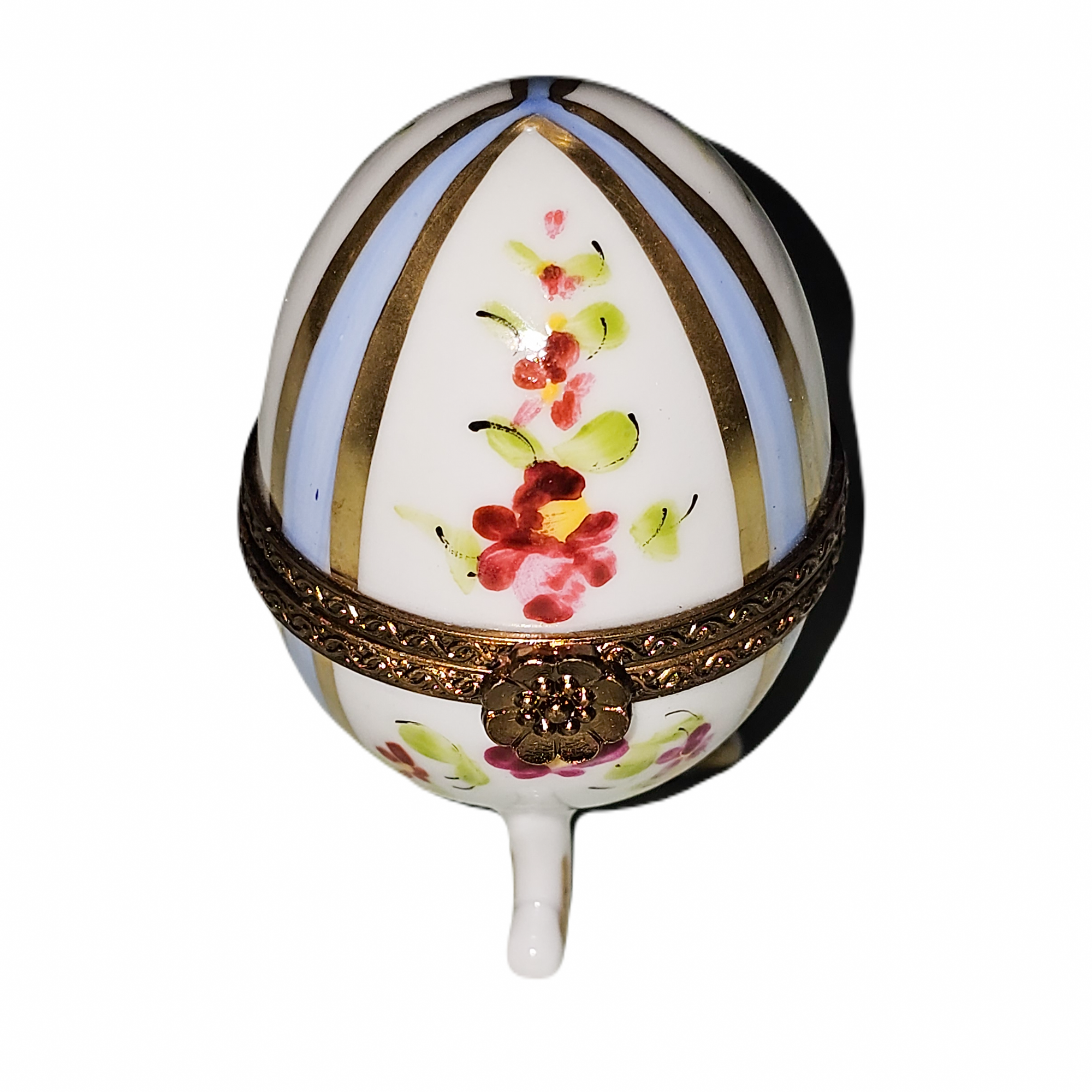 Blue Striped Floral Egg Delight Porcelain Limoges egg French Trinket Box