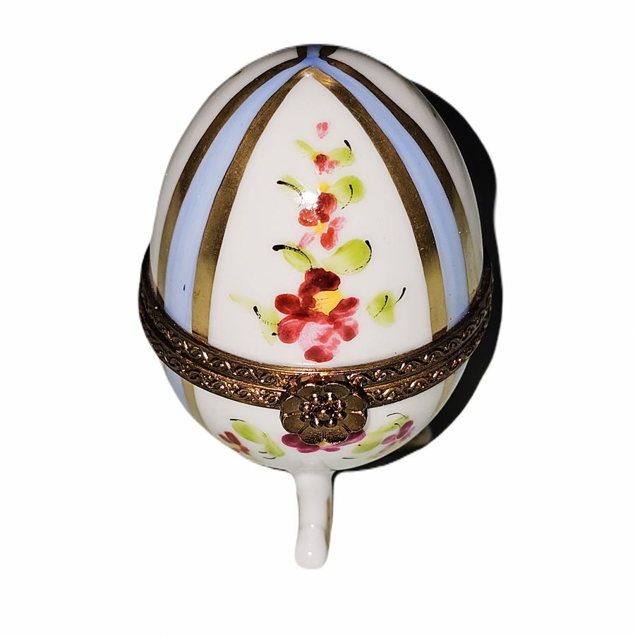 Blue Striped Floral Egg Delight Porcelain Limoges egg French Trinket Box