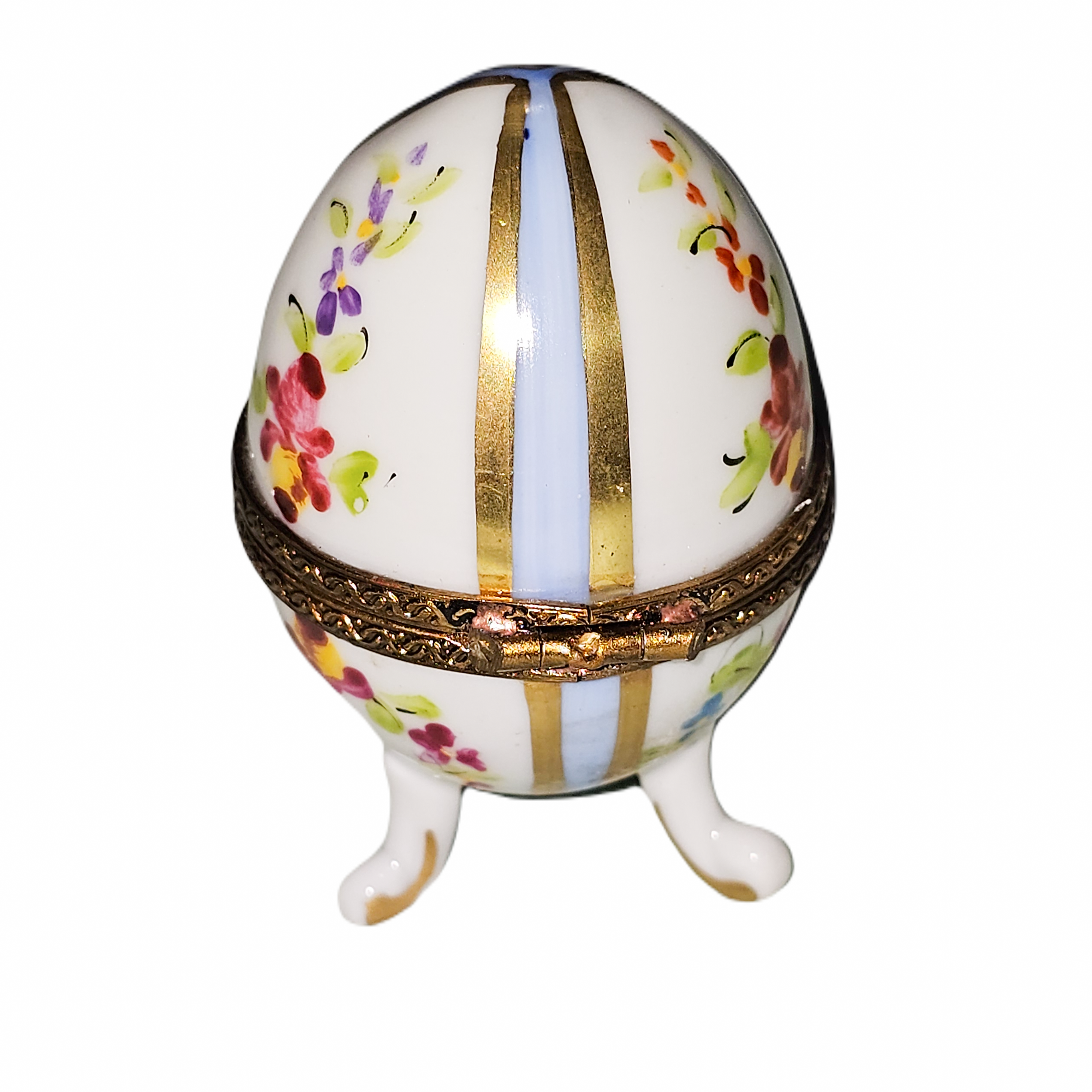 Blue Striped Floral Egg Delight Porcelain Limoges egg French Trinket Box