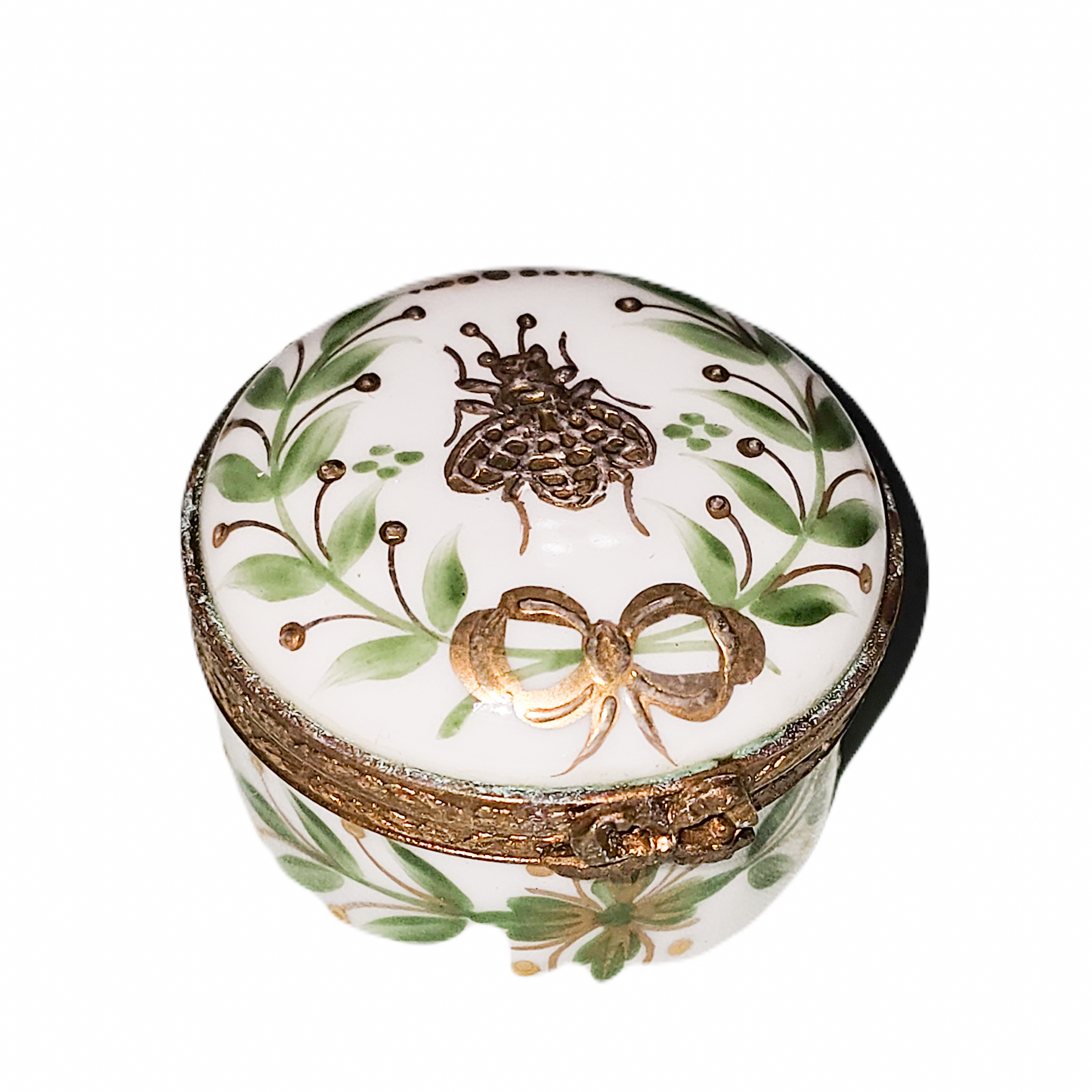 Green Leaves Gold Bee Box Porcelain Limoges traditional bug French Trinket Box