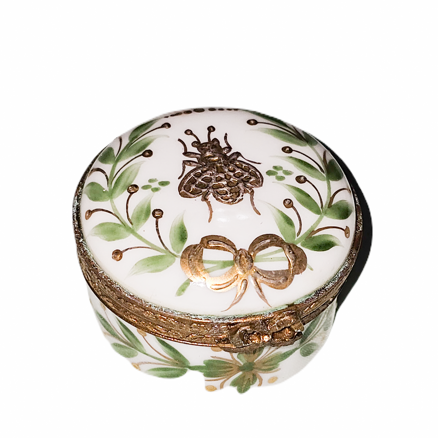 Green Leaves Gold Bee Box Porcelain Limoges traditional bug French Trinket Box