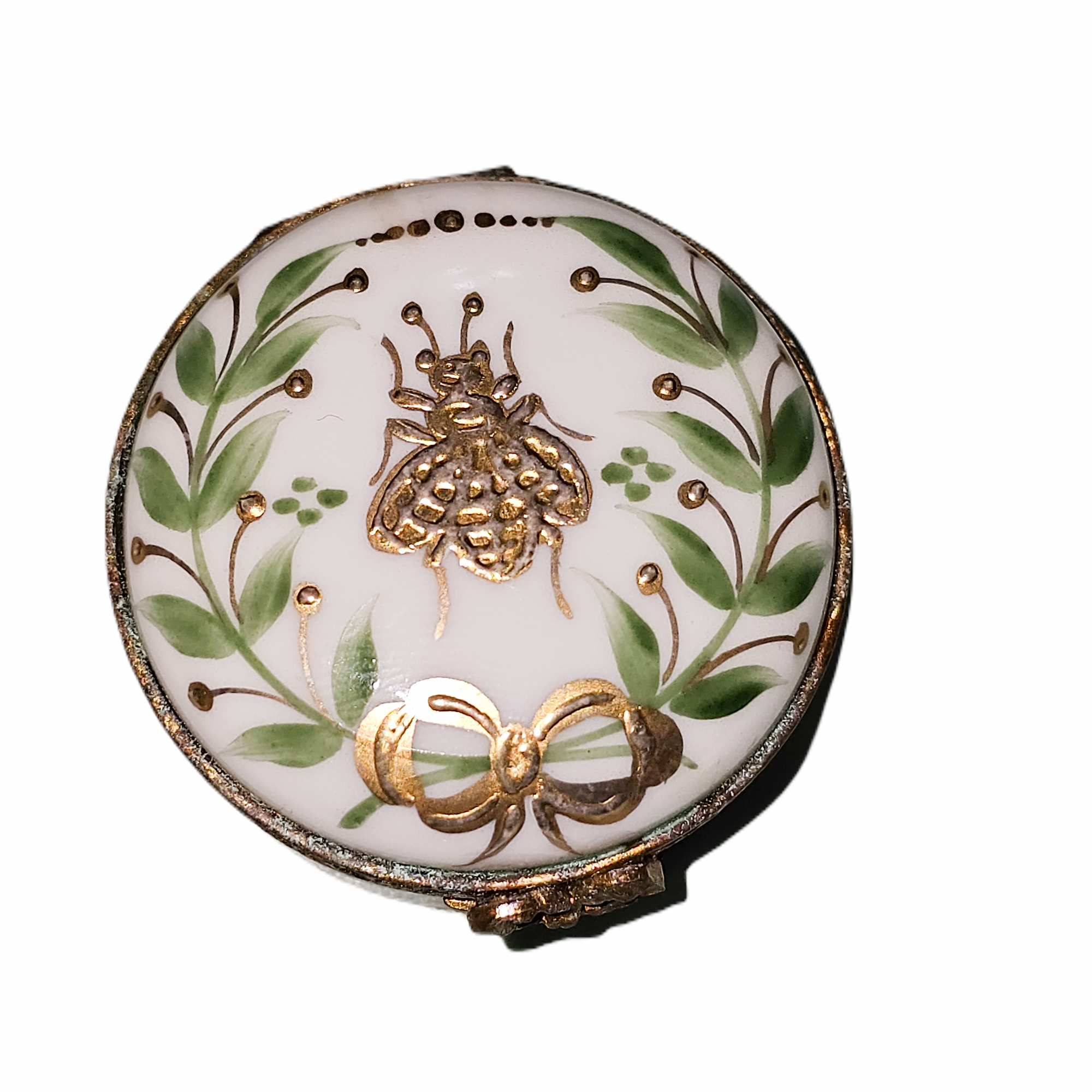 Green Leaves Gold Bee Box Porcelain Limoges traditional bug French Trinket Box