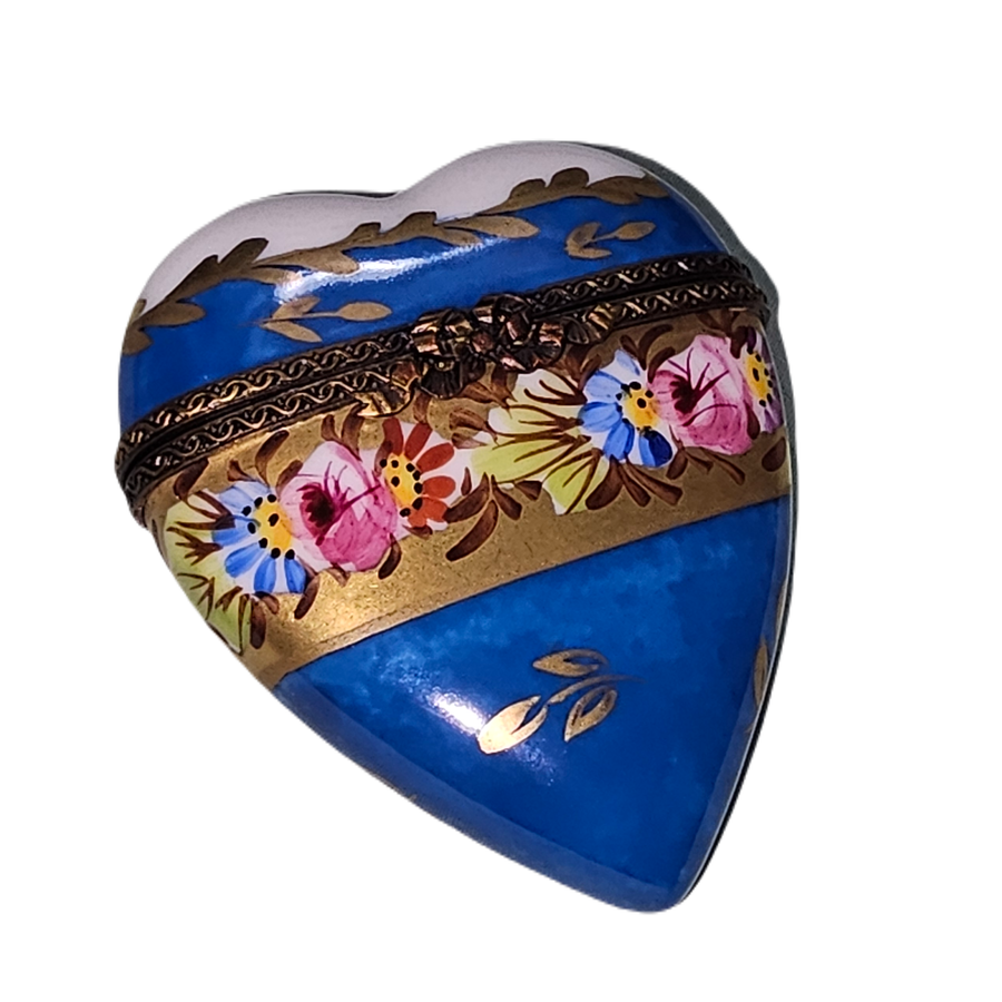 Dark Blue Floral Heart Box Porcelain Limoges heart French Trinket Box