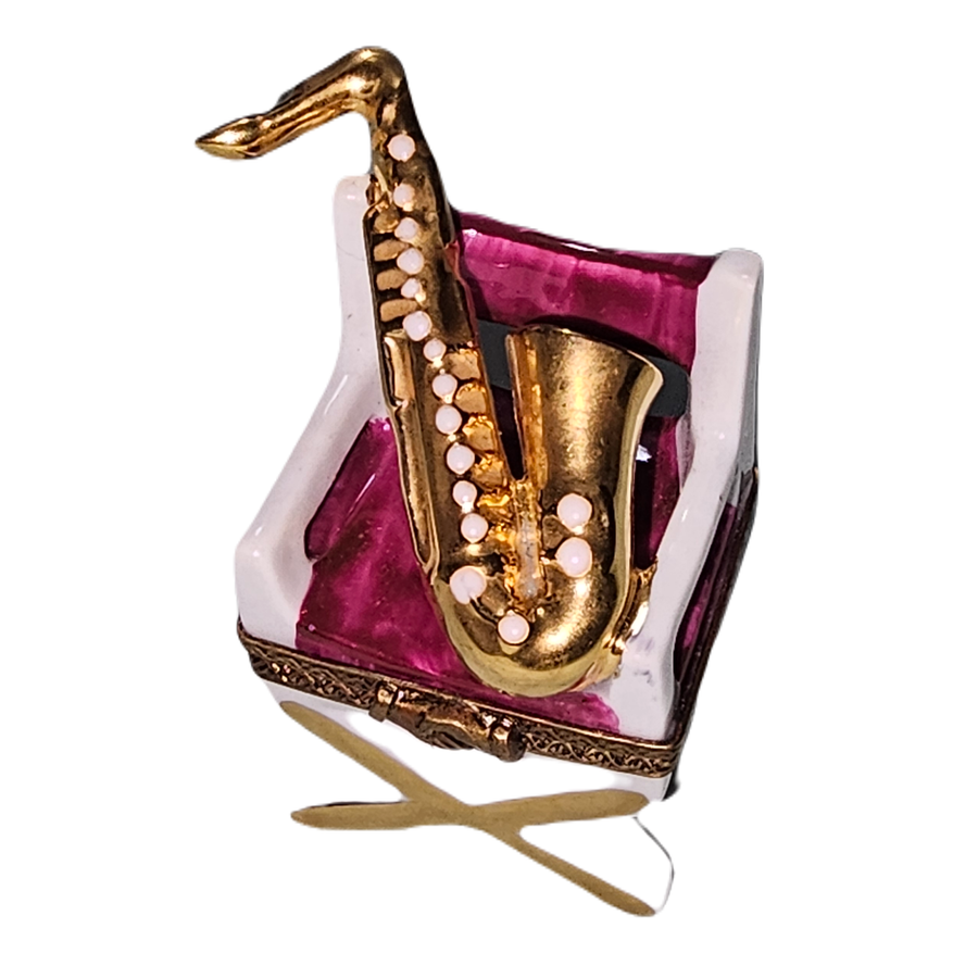 Saxophone Elegance on Chair Porcelain Limoges music French Trinket Box
