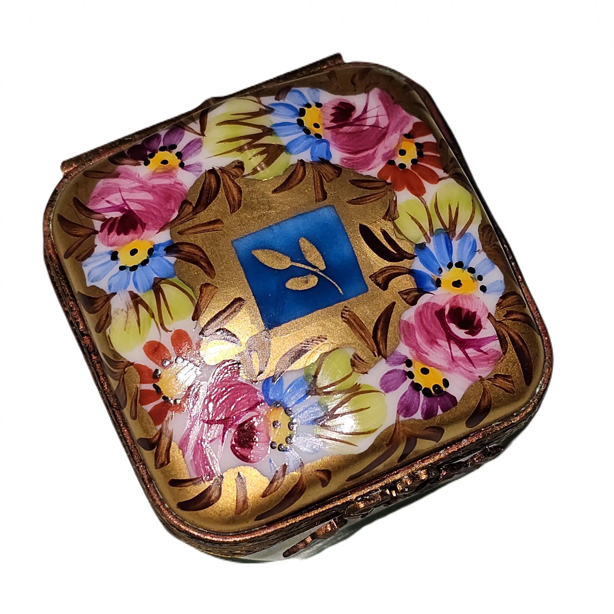 Blue Gold Floral Treasure Box Porcelain Limoges traditional French Trinket Box