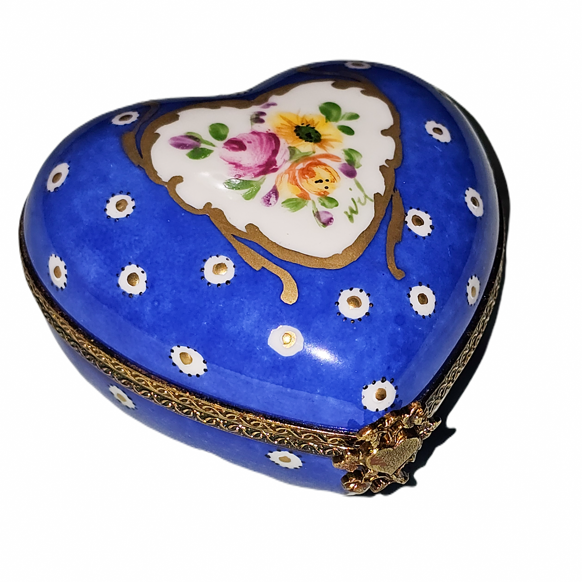Dark Blue Poka Dot Heart Box Porcelain Limoges heart French Trinket Box